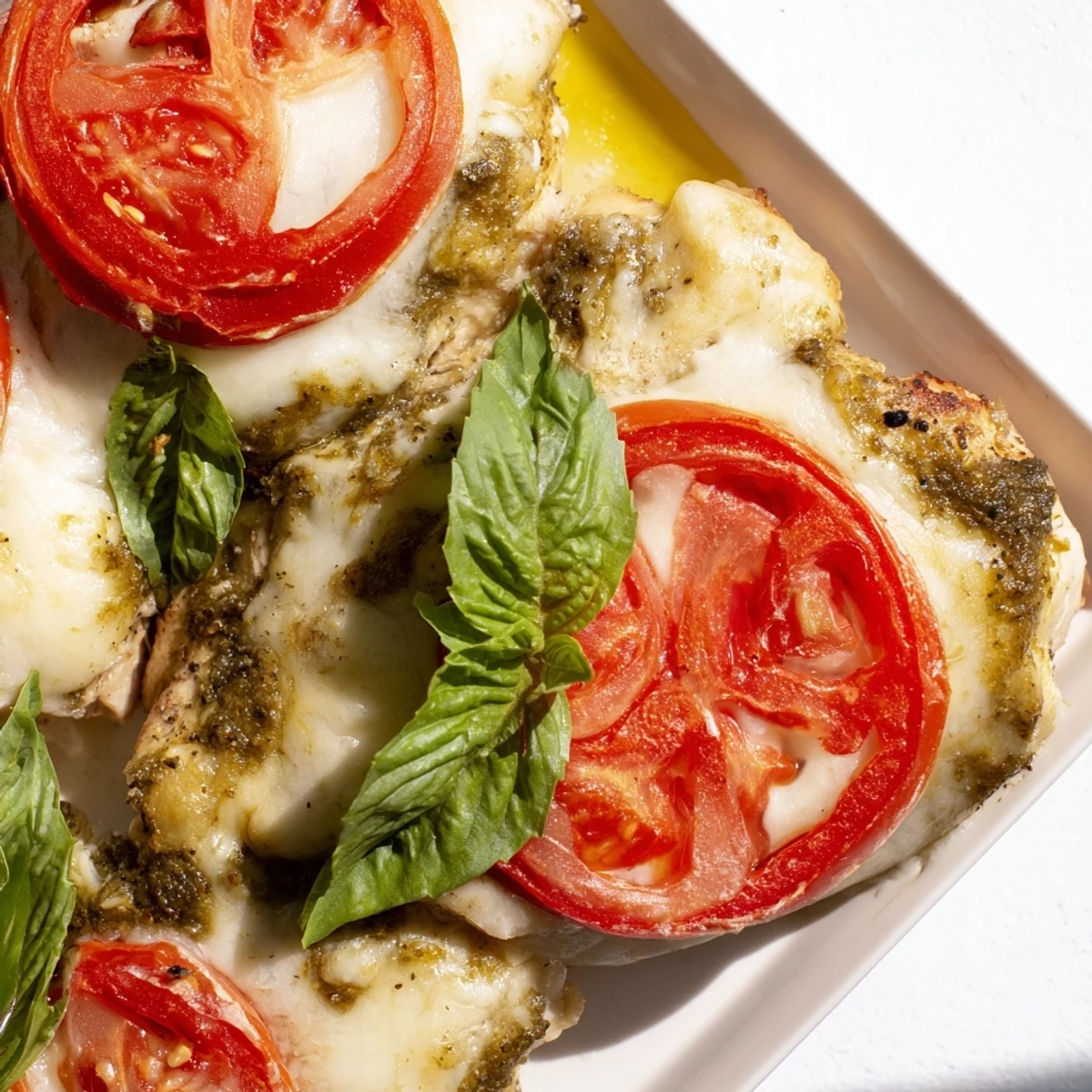 Gluten-free baked pesto Caprese chicken breast with gooey mozzarella and vibrant tomato layers ready to serve