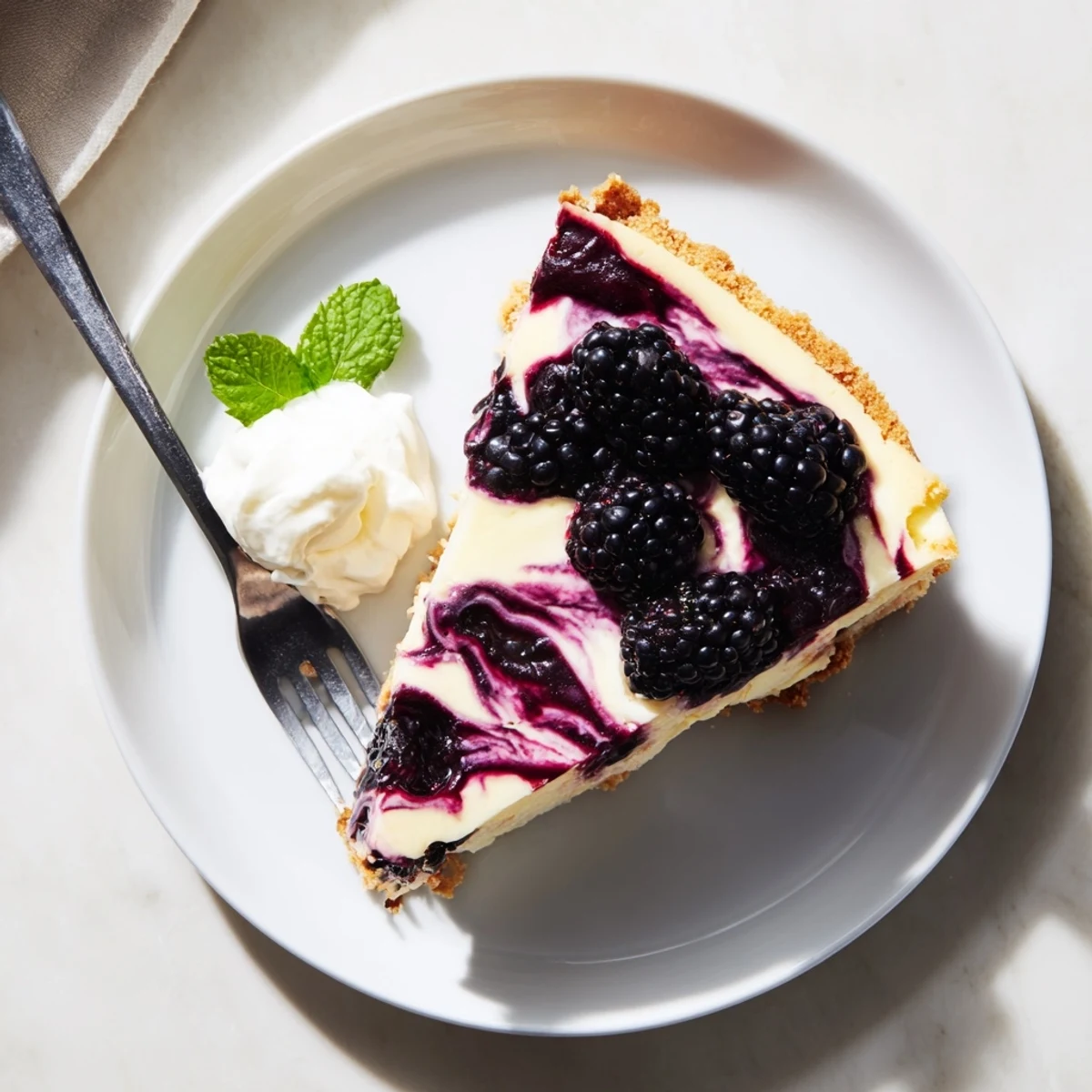 Creamy blackberry bliss cheesecake with vibrant purple swirls on golden graham cracker crust