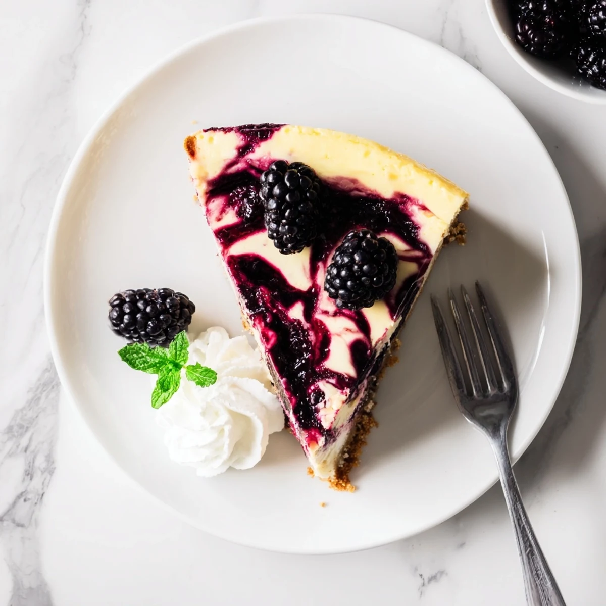 Slice of homemade blackberry bliss cheesecake topped with fresh berries and mint garnish