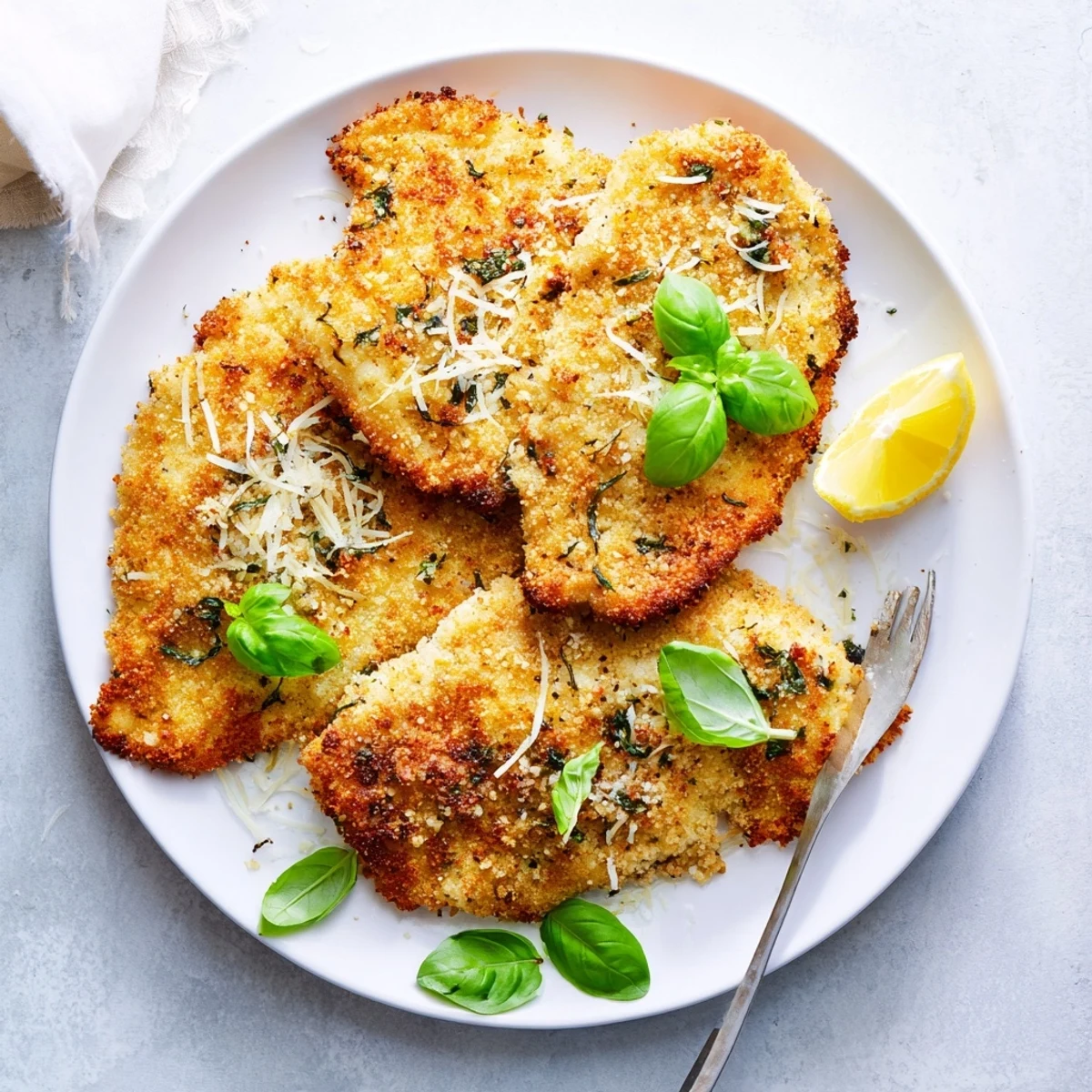 Golden crispy Parmesan basil chicken cutlets served on a white plate with fresh basil garnish