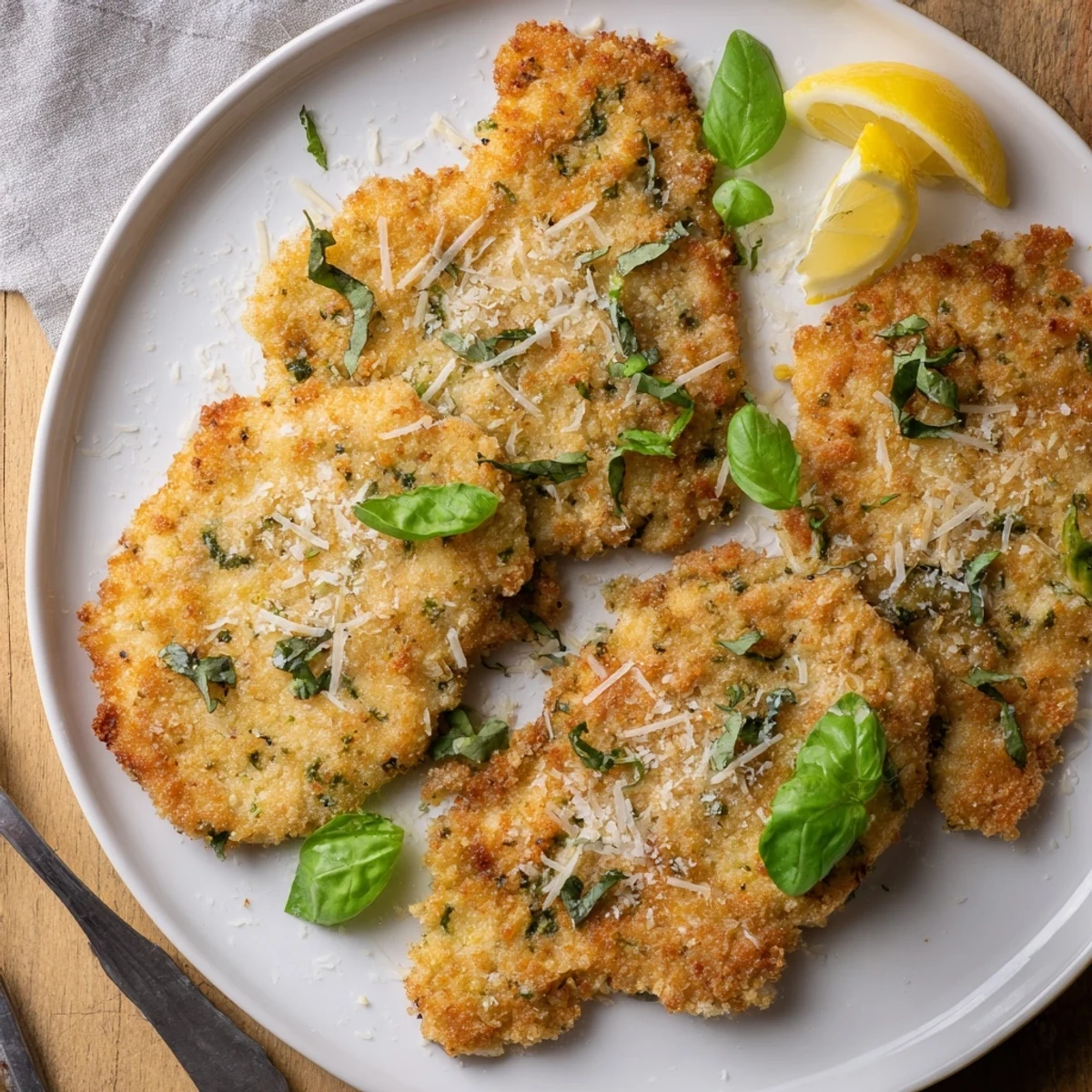 Pan-fried chicken cutlets coated in Parmesan and basil breading with lemon wedges on the side