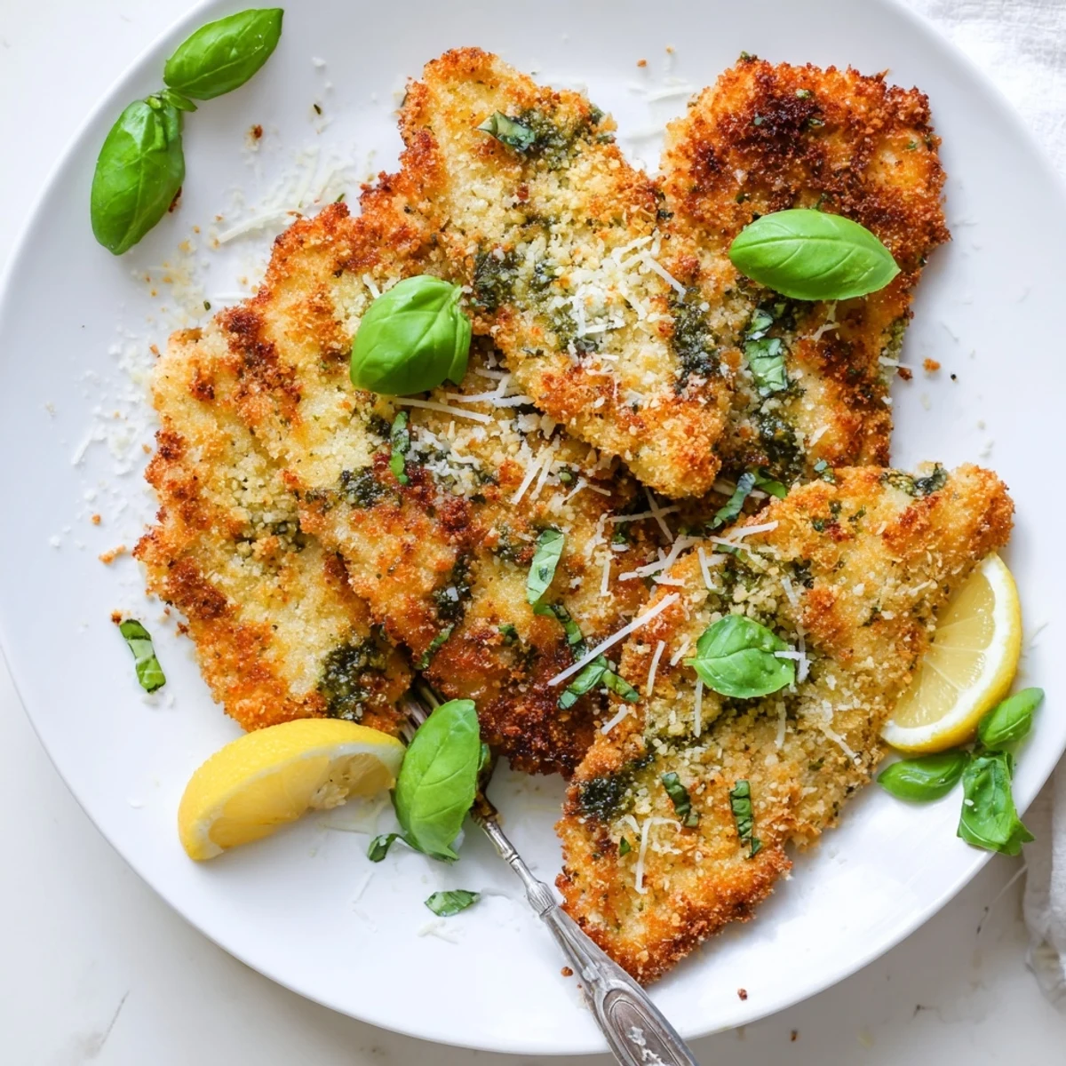 Delicious weeknight dinner featuring golden brown chicken cutlets sprinkled with fresh Parmesan cheese