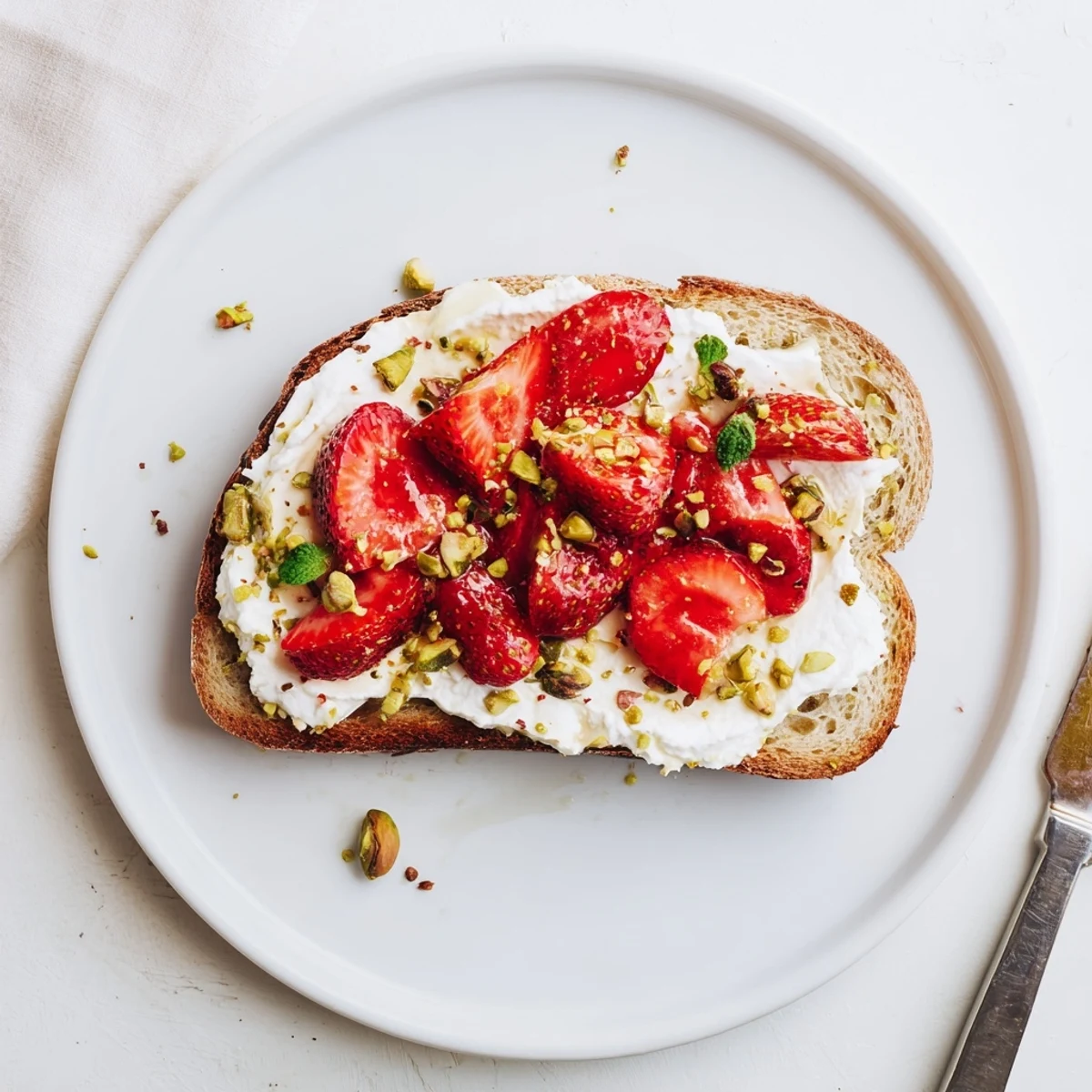 Golden artisan toast piled high with whipped ricotta topped with syrupy roasted strawberries