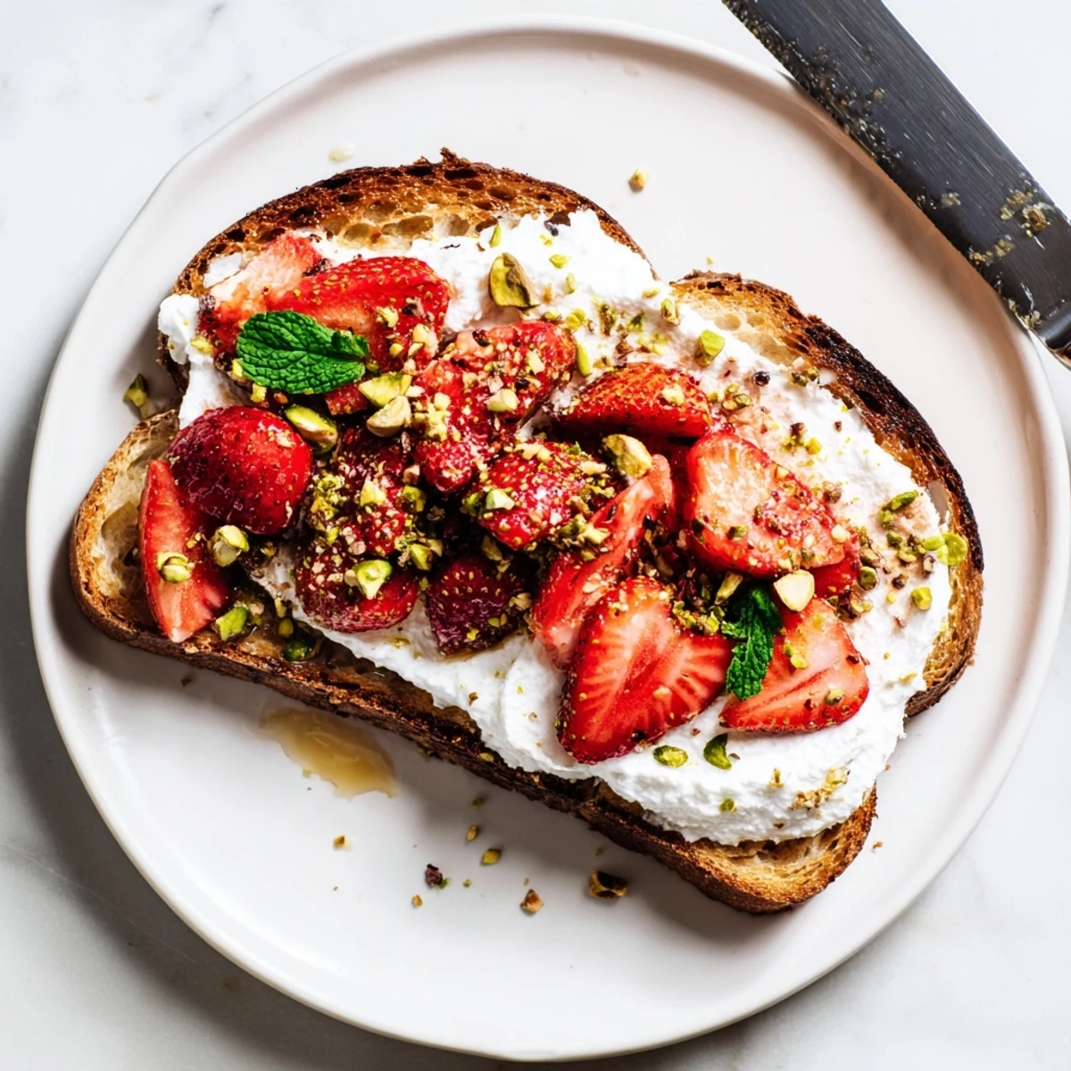 Roasted strawberry whipped ricotta toast garnished with fresh mint and honey drizzle on rustic bread