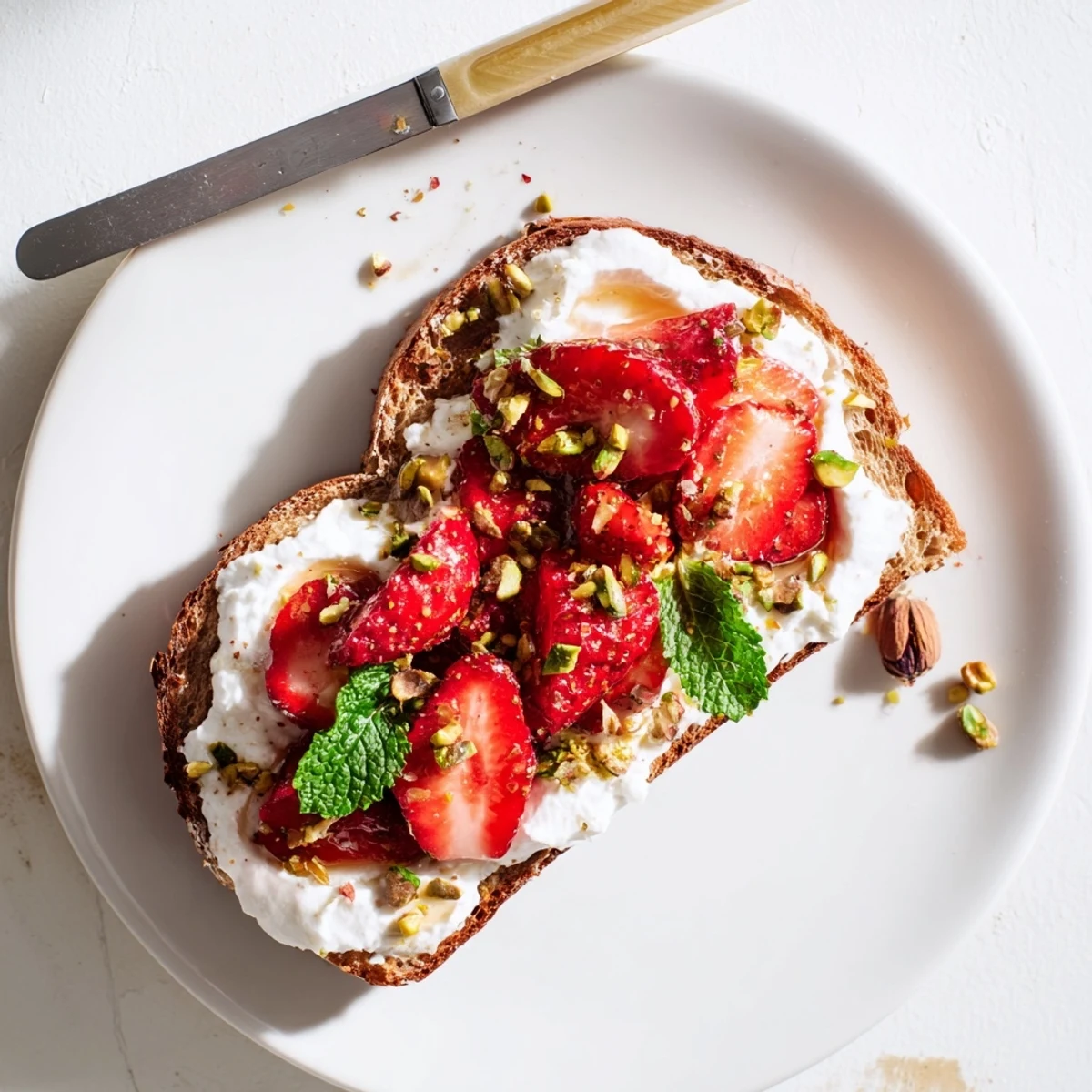 Creamy ricotta spread on crunchy sourdough toast layered with sweet caramelized roasted strawberries
