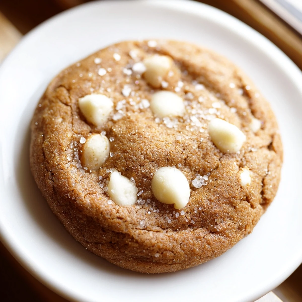 Golden brown bakery gingerbread white chocolate cookies rolled in sparkling sugar on a cooling rack