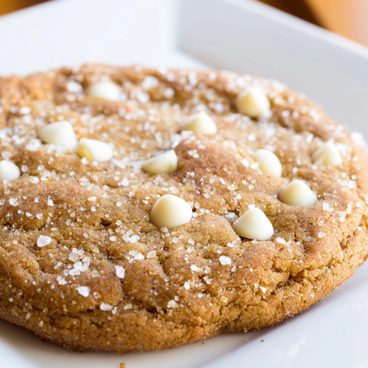 Warm bakery gingerbread white chocolate cookies stacked on a wooden board with white chocolate chunks visible