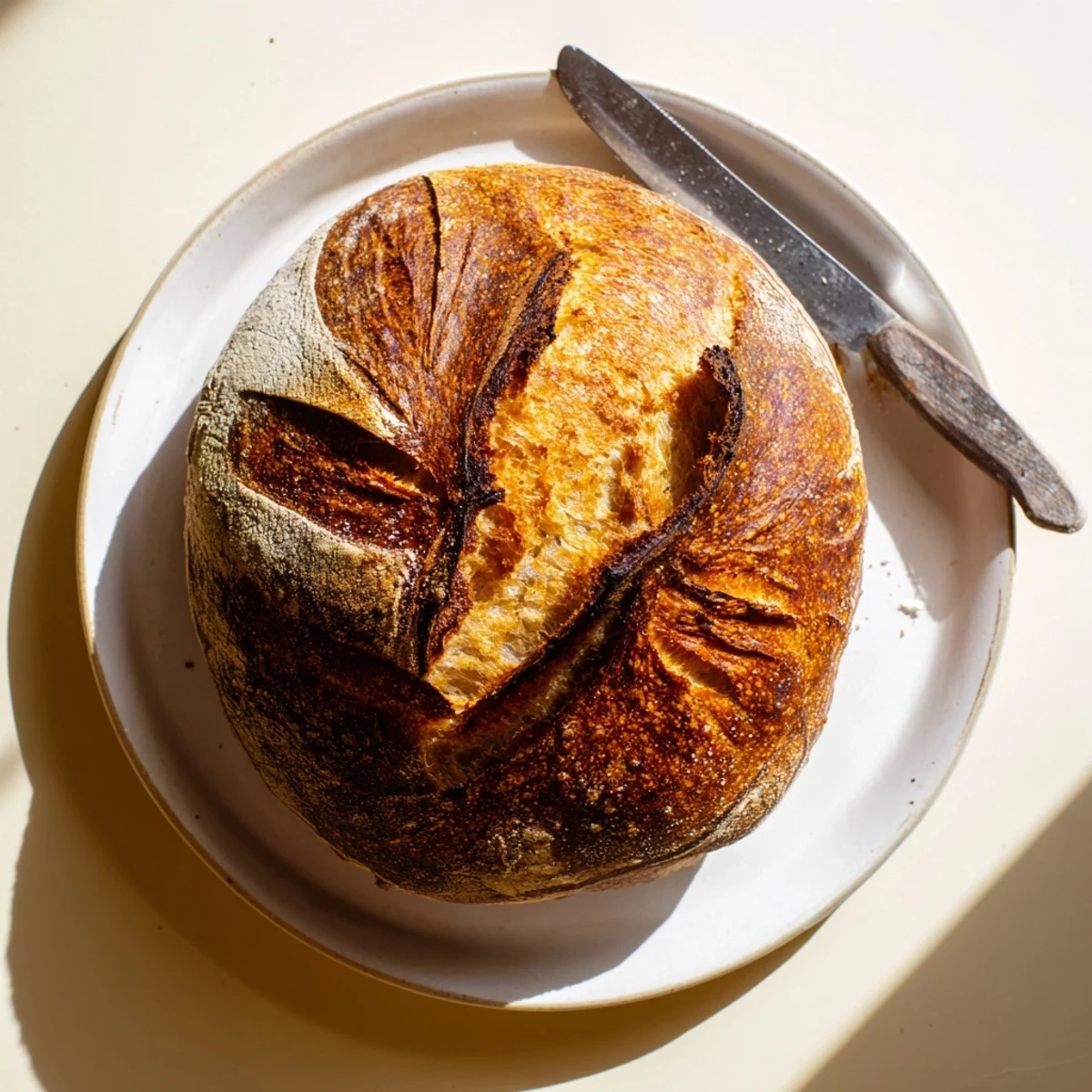 Golden brown sourdough bread with crackly crust, baked to perfection in Dutch oven