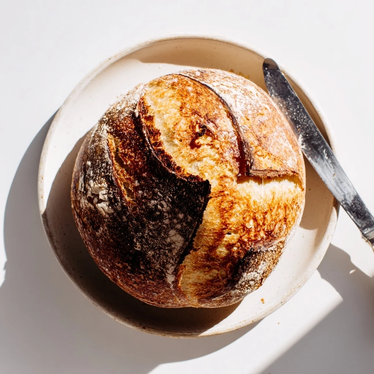 Artisan sourdough loaf with chewy interior and crisp caramelized crust, cooling on wire rack