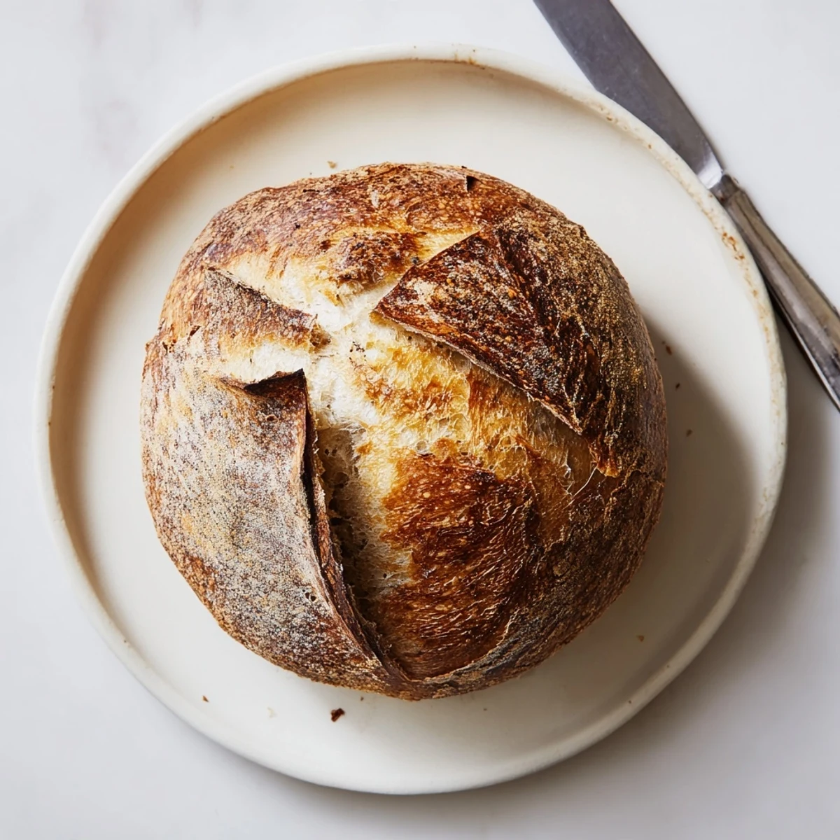 Homemade sourdough bread scored beautifully, displaying airy crumb structure and deep golden bake