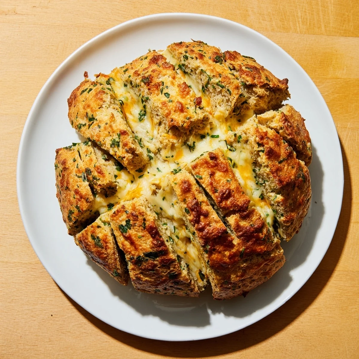 Golden brown cheddar and herb soda bread loaf with a cross pattern on a floured surface