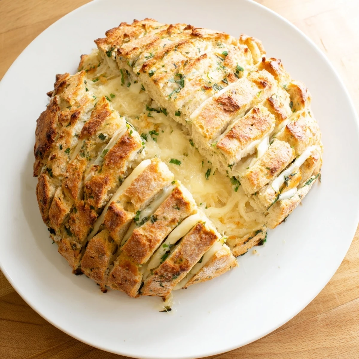 Rustic homemade cheddar and herb soda bread torn open to reveal cheesy interior and fresh green herbs