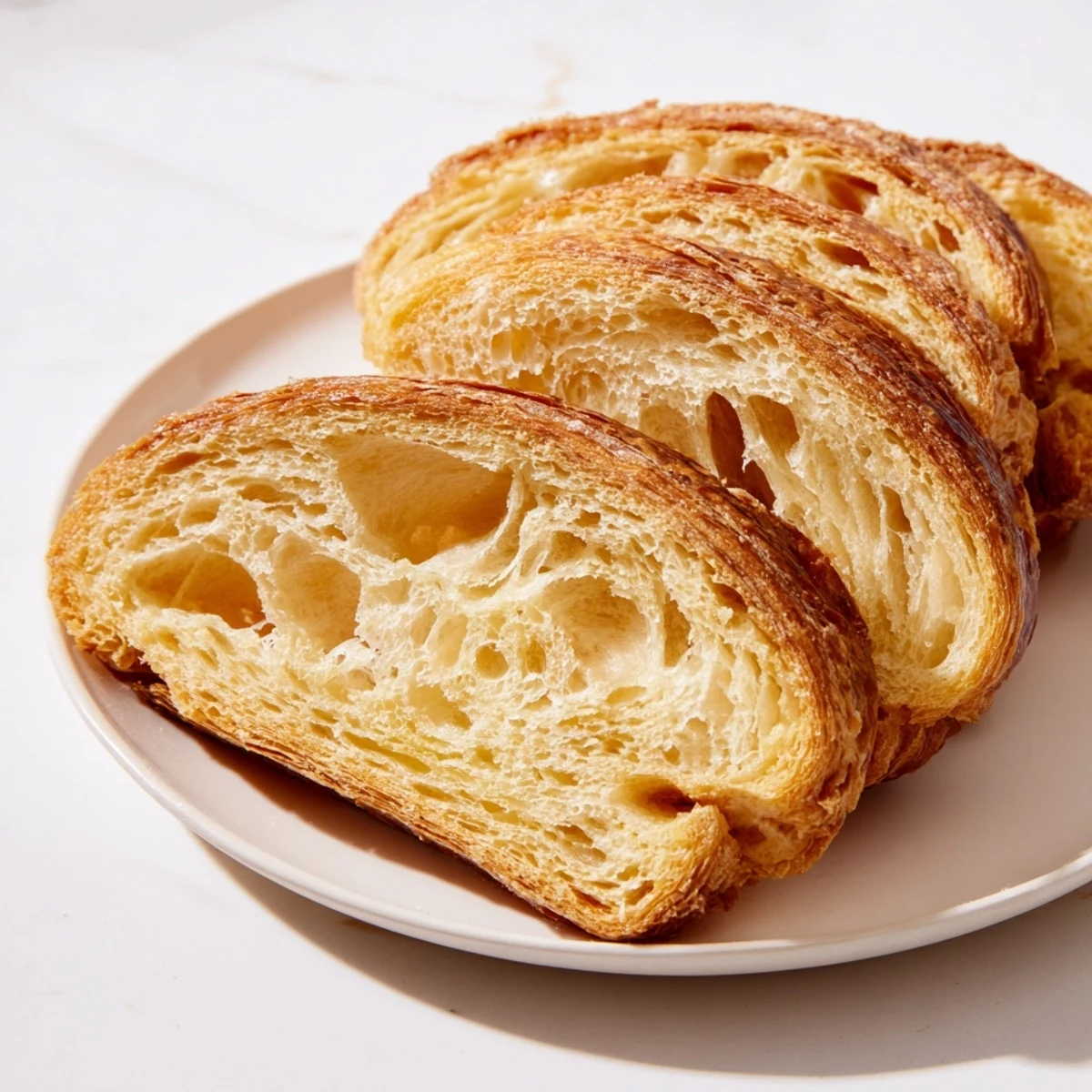 Sliced homemade croissant bread revealing buttery honeycomb layers perfect for breakfast toast
