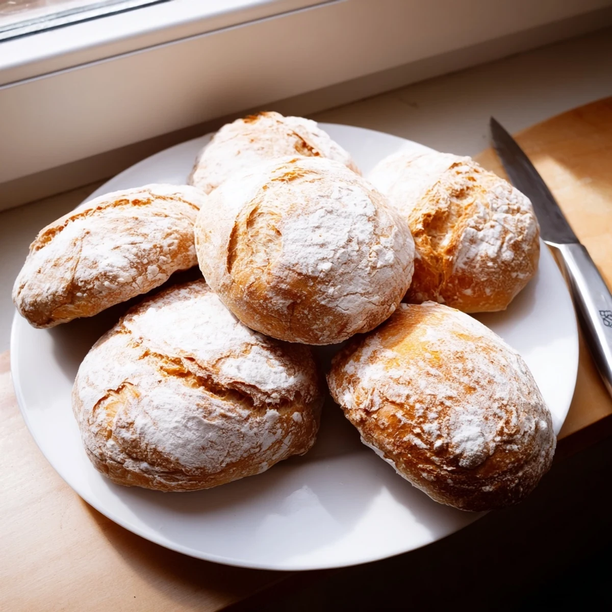 Golden crusty French bread rolls with flour-dusted tops cooling on a wire rack