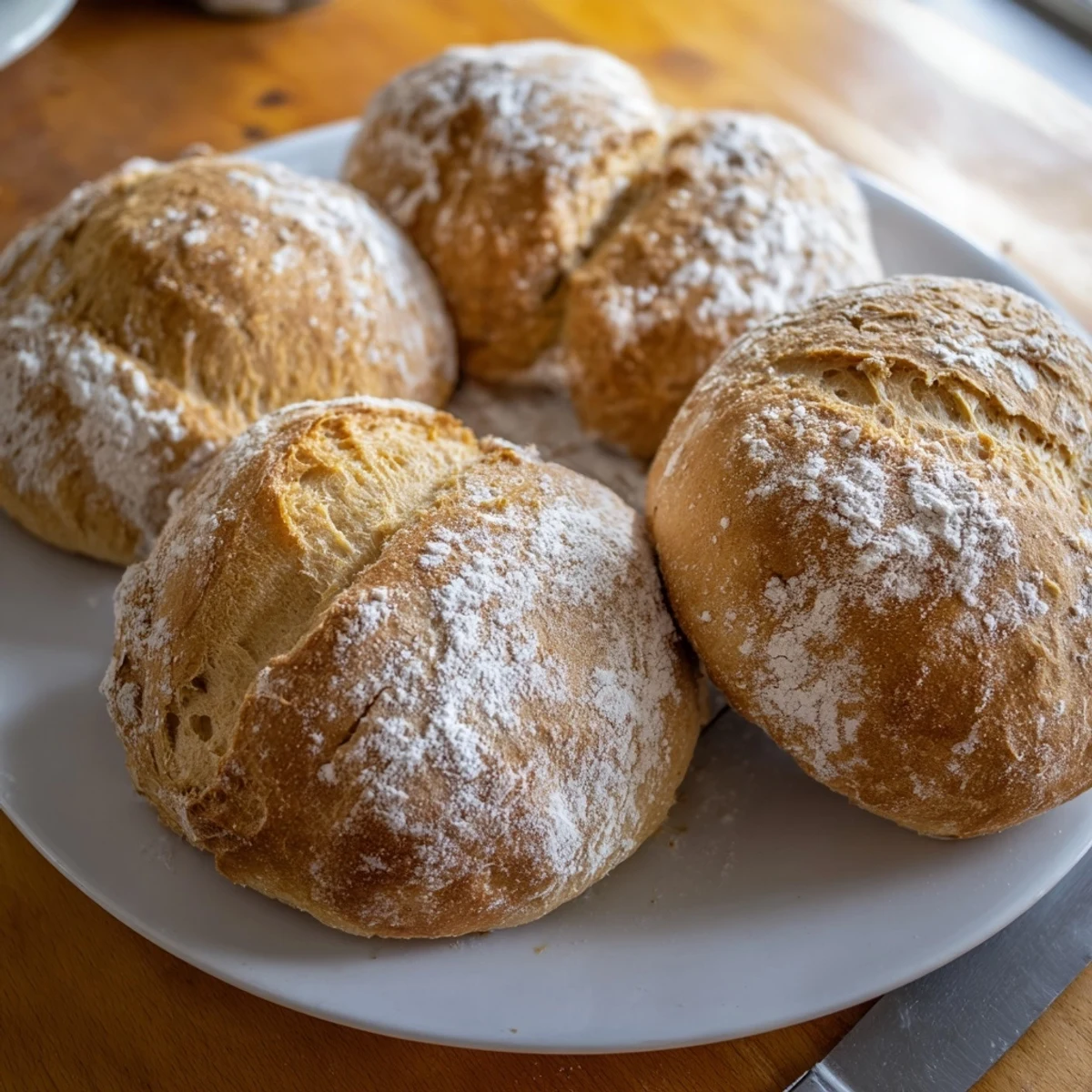 Warm crusty French bread rolls served alongside a bowl of hearty vegetable soup