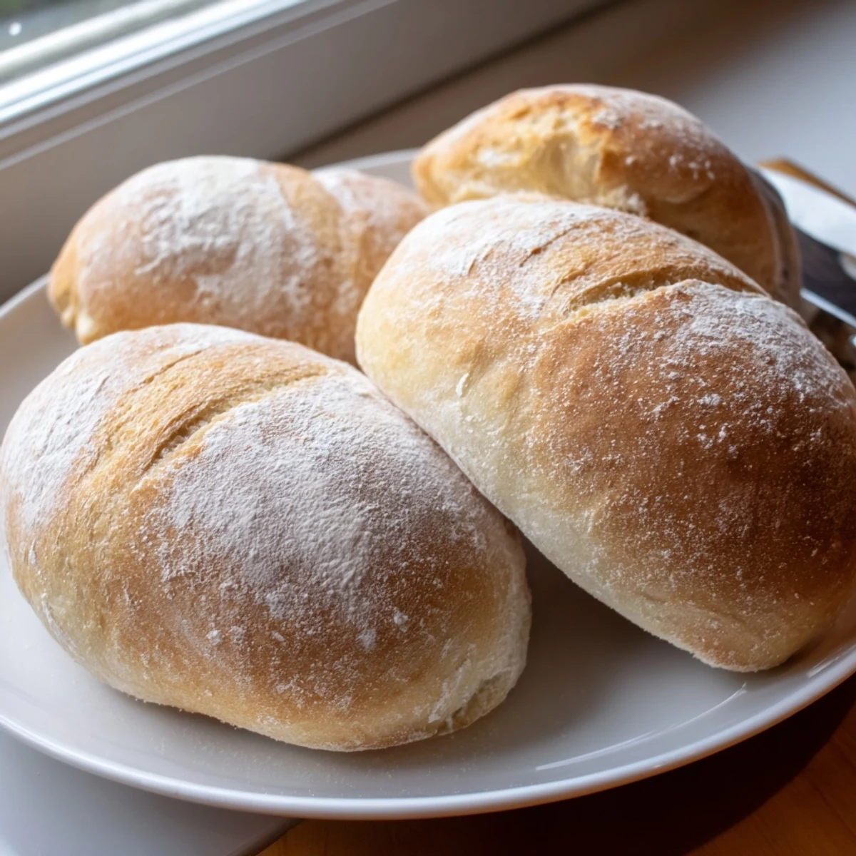 Handmade crusty French bread rolls with deep slashes and golden brown exteriors