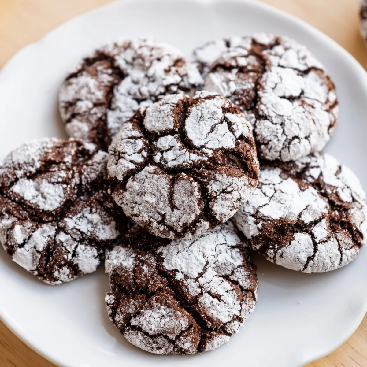 Soft gingerbread crinkle cookies coated in snowy powdered sugar with deep cracks revealing warm spiced cookie beneath