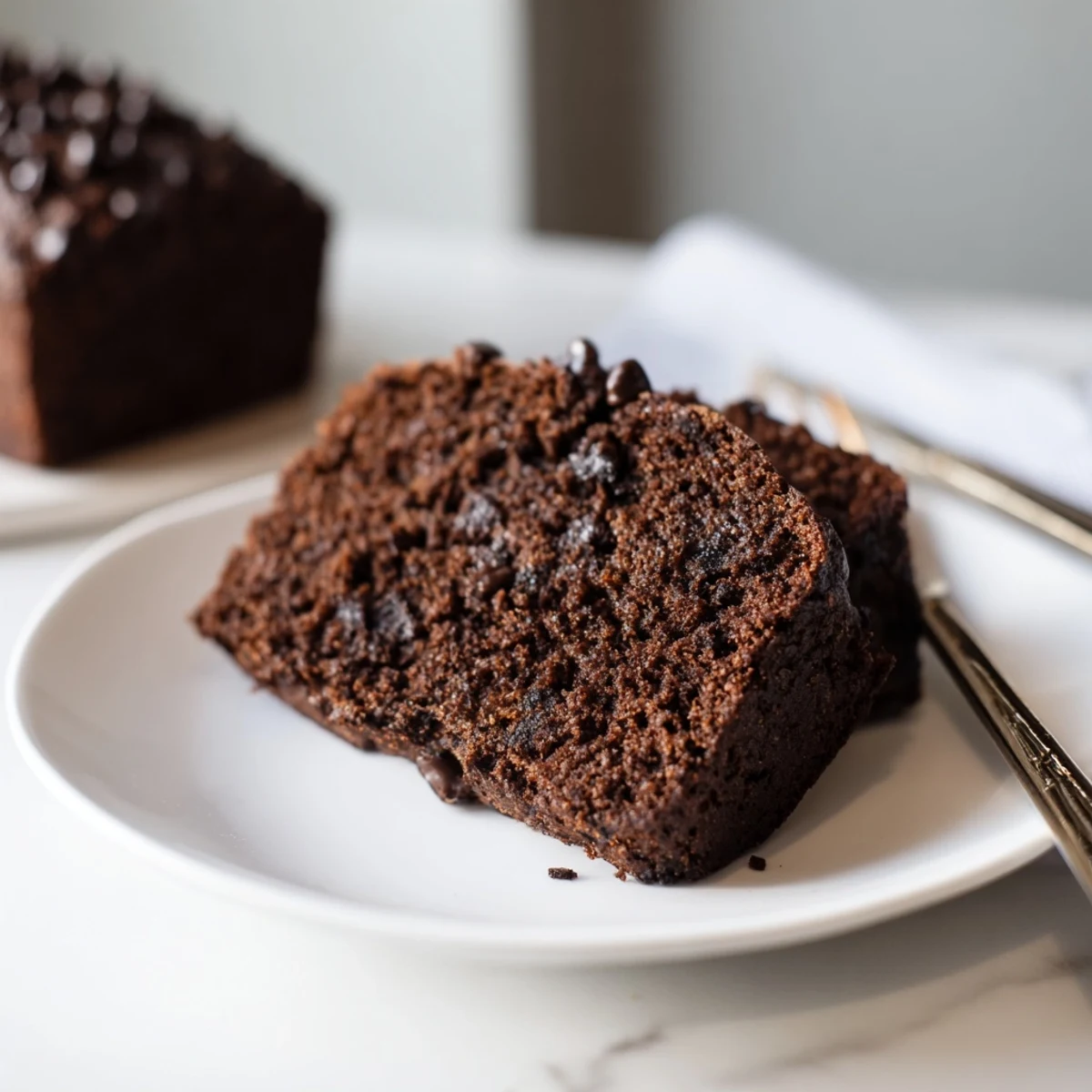 Moist chocolate espresso banana bread loaf with melted chocolate chips on a wooden cutting board