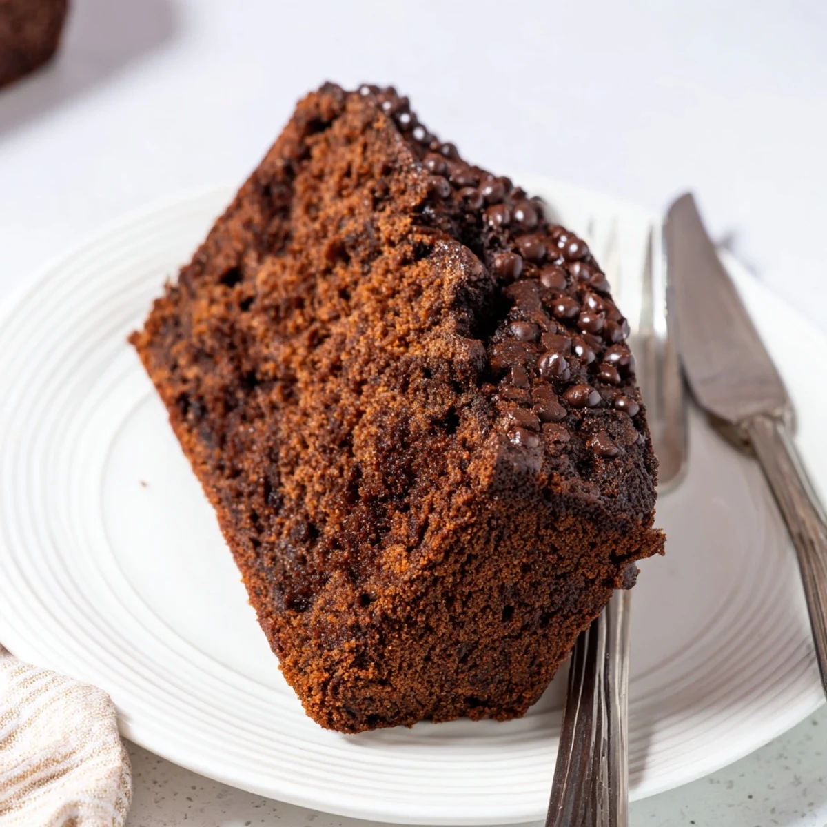 Slice of dark chocolate espresso banana bread served warm on a white plate with coffee