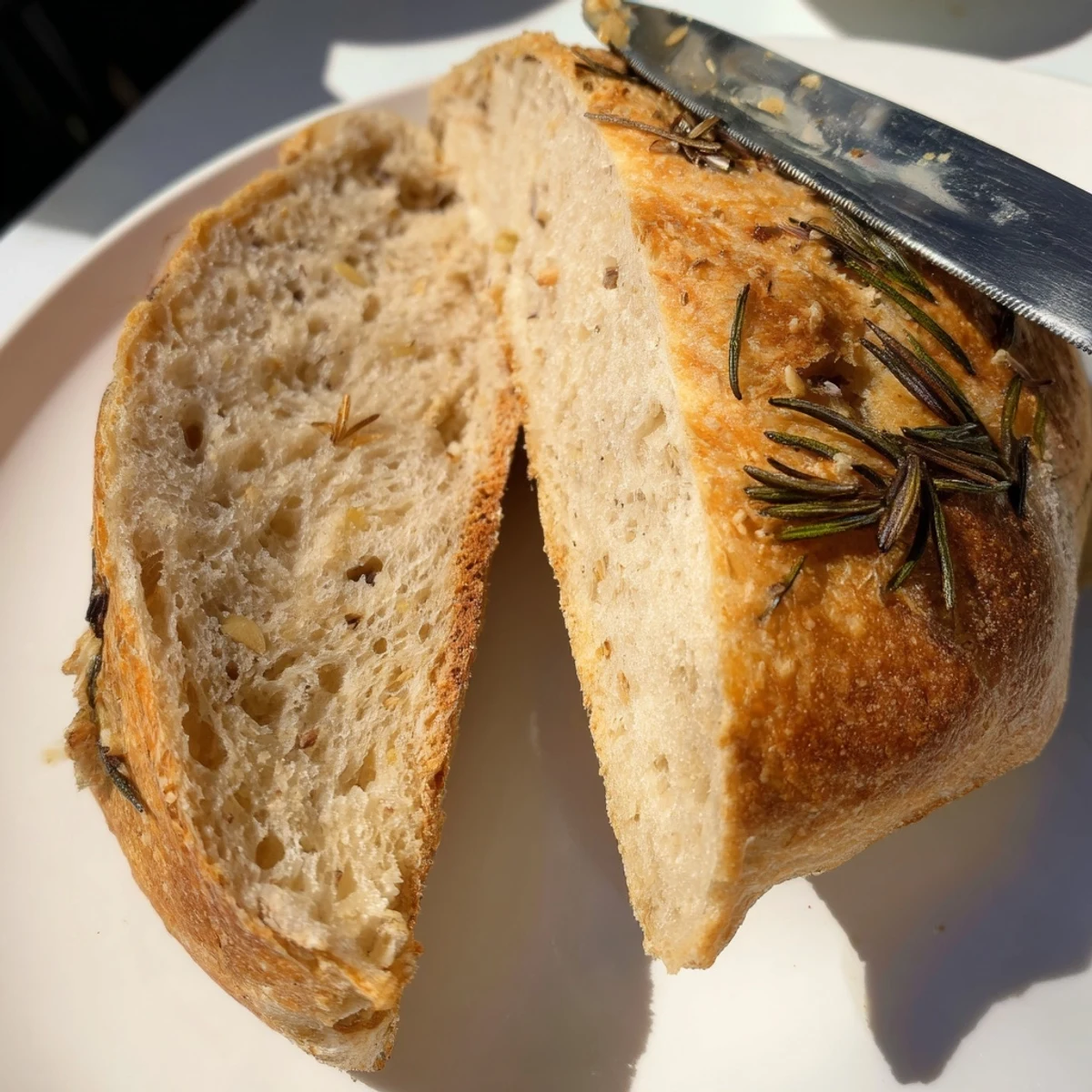 Golden crust Dutch oven garlic rosemary bread fresh from baking with soft interior