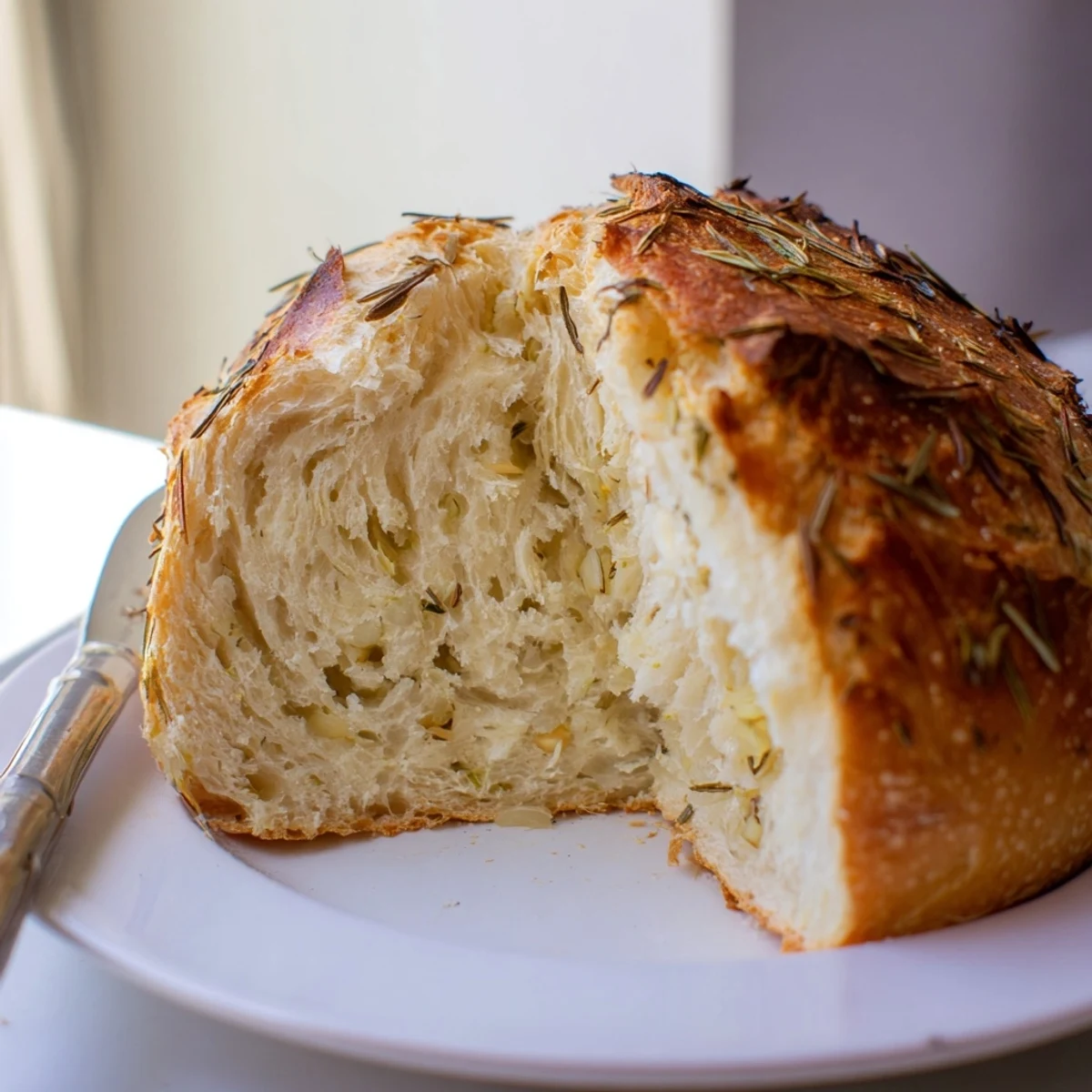 Rustic homemade garlic rosemary bread baked in cast iron with aromatic herbs