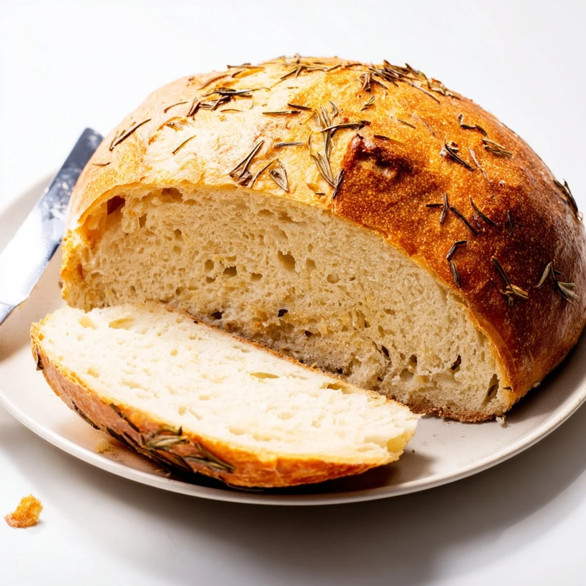 Sliced warm Dutch oven garlic rosemary bread loaf on wooden cutting board