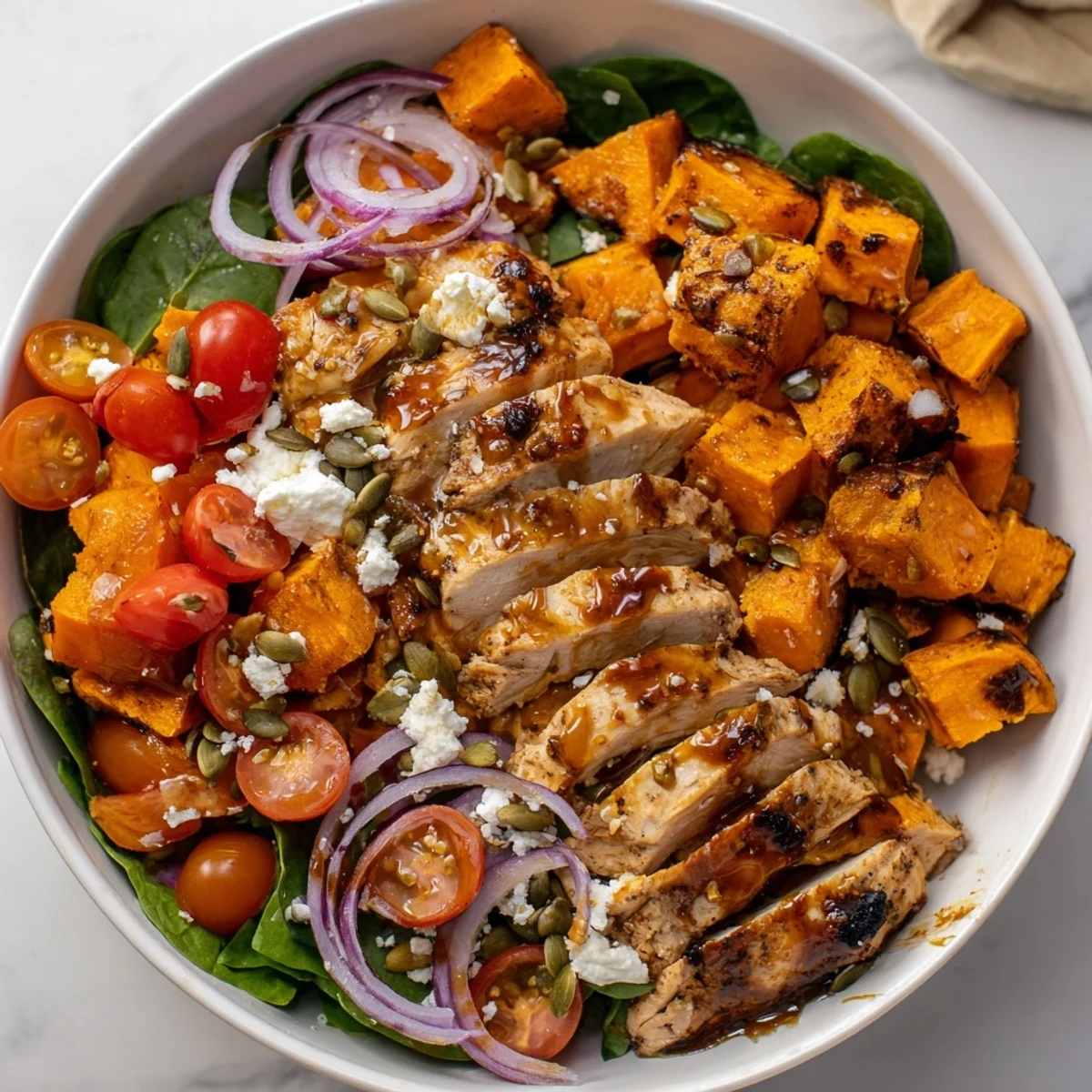 Golden glazed chicken breast slices atop roasted sweet potato cubes in a wholesome meal prep bowl
