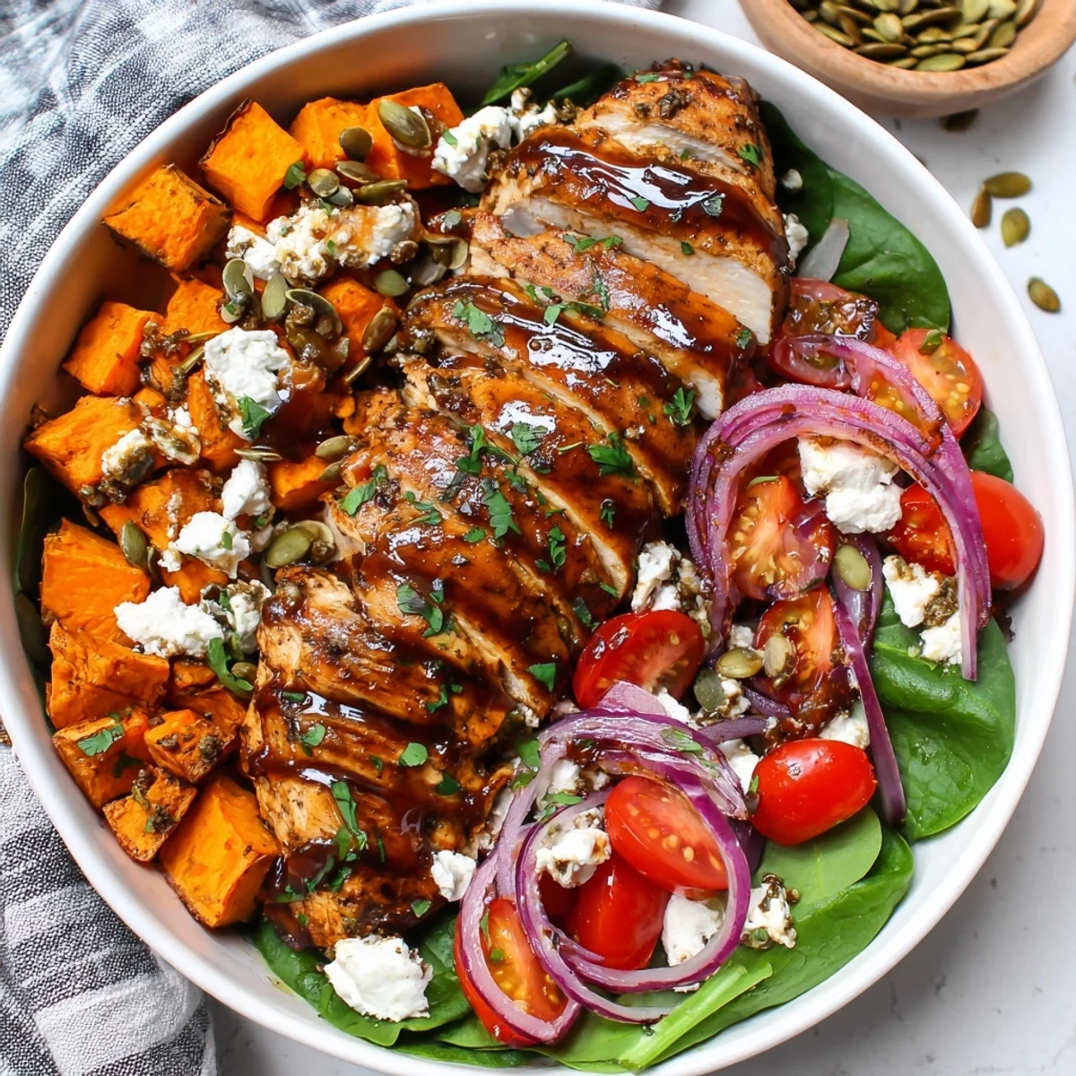 Savory glazed chicken with caramelized sweet potatoes and crisp greens drizzled with tangy maple mustard dressing