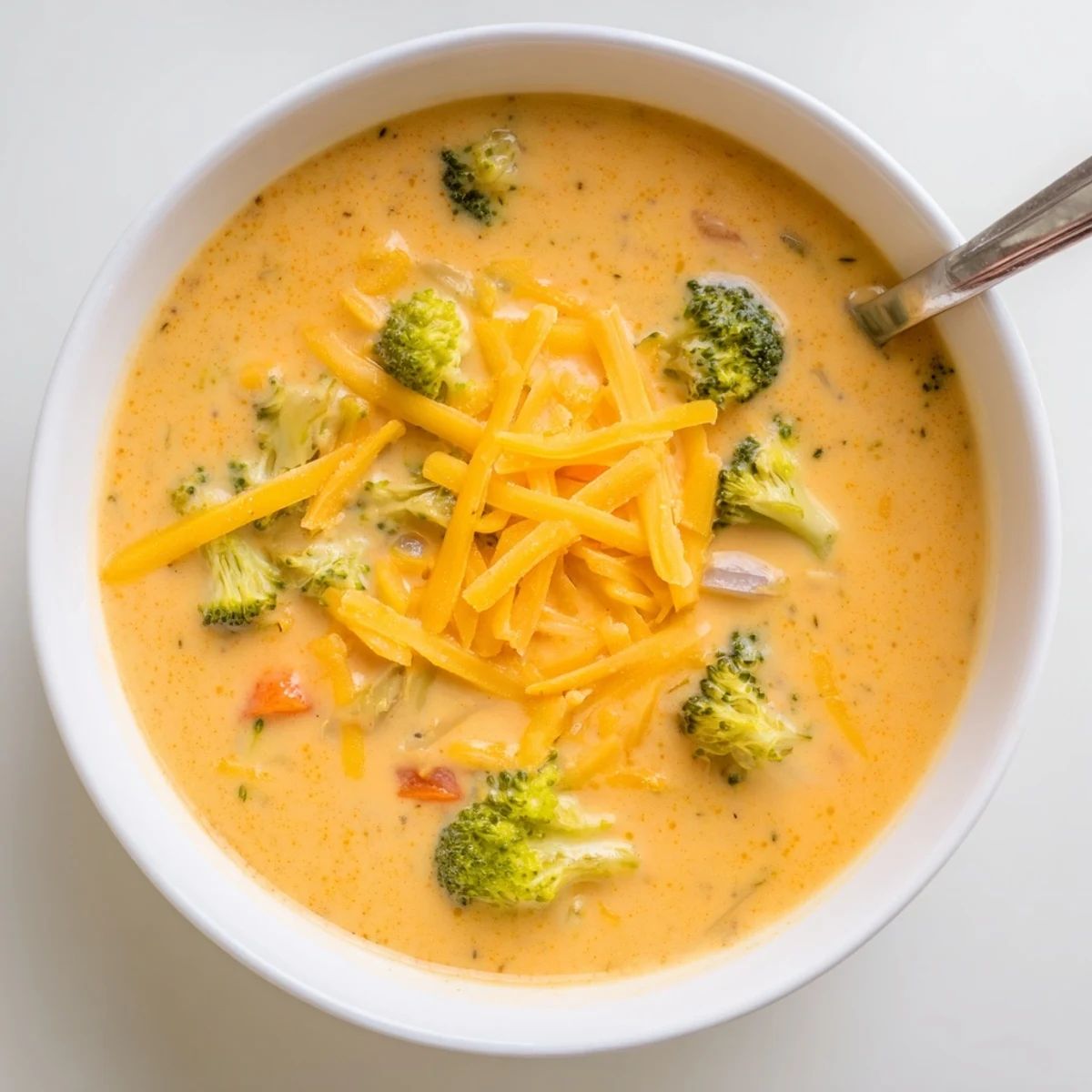 Steamy bowl of creamy slow cooker broccoli cheddar soup garnished with shredded sharp cheddar cheese and crusty bread