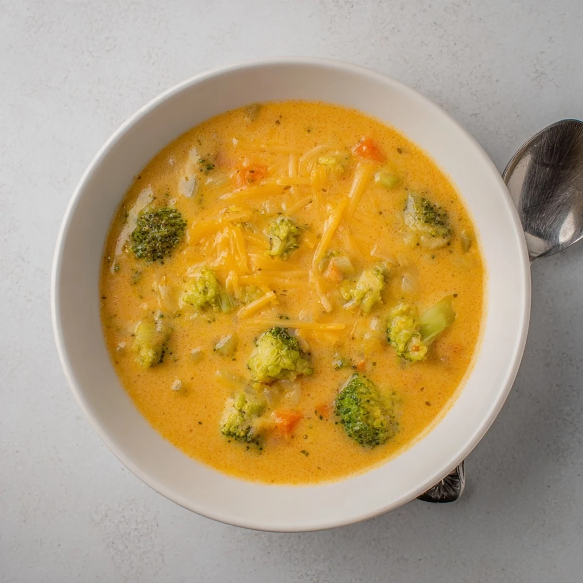 Rustic crock of slow cooker broccoli cheddar soup served with melted cheese dripping over fresh broccoli pieces in a comforting bowl