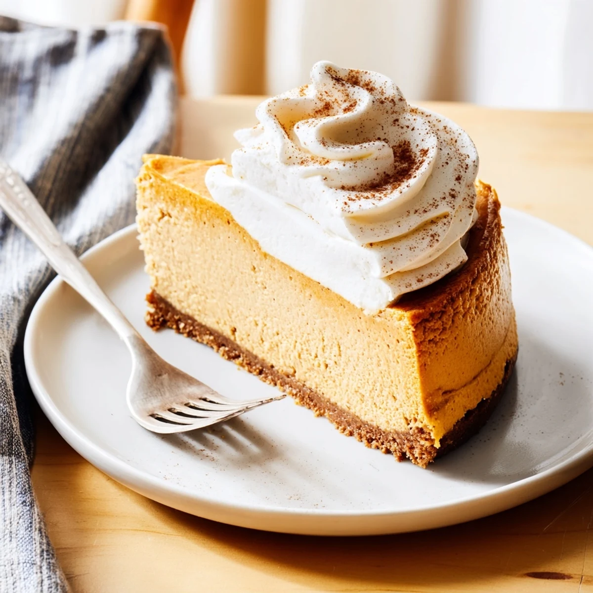 Rich pumpkin spice cheesecake with graham cracker crust topped with swirled whipped cream garnish
