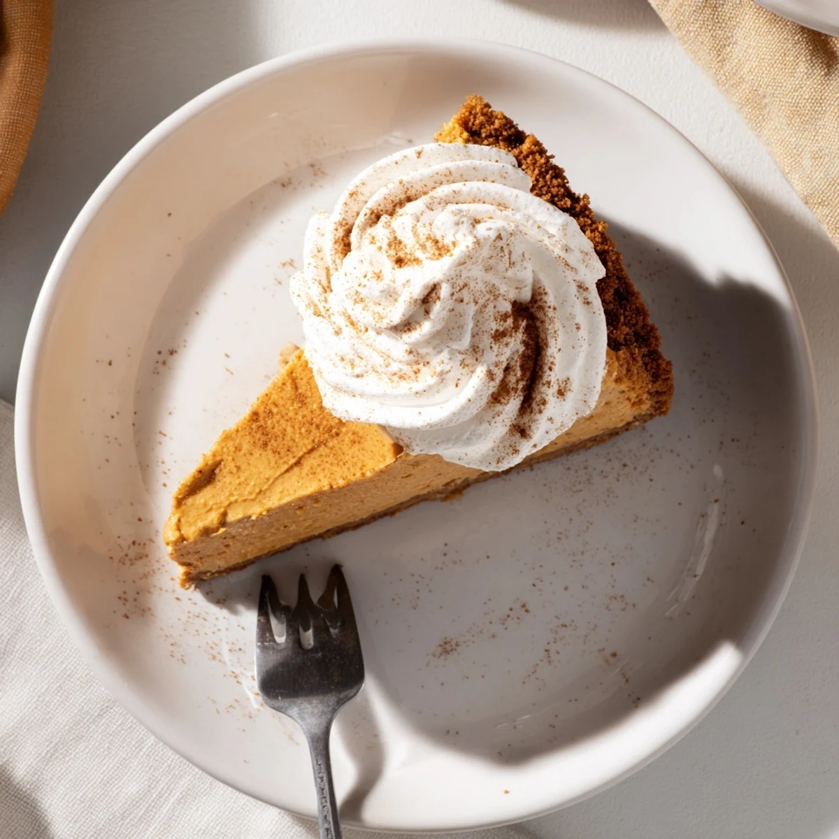 Creamy pumpkin spice Christmas cheesecake slice with whipped cream and cinnamon dusting on white plate
