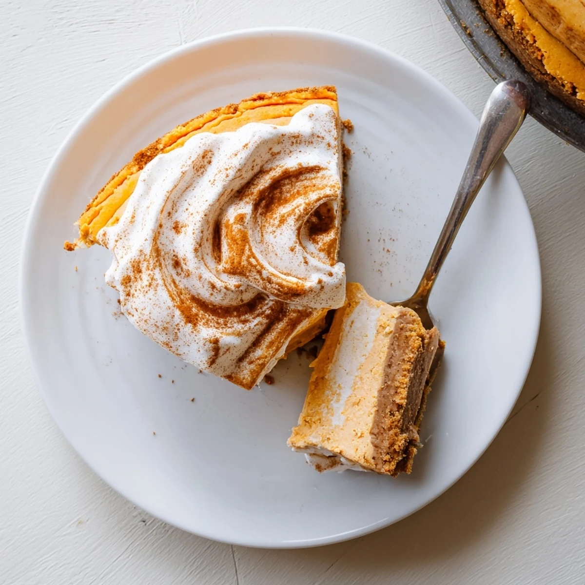 Festive holiday dessert featuring spiced pumpkin cheesecake with smooth texture and fluffy cream topping