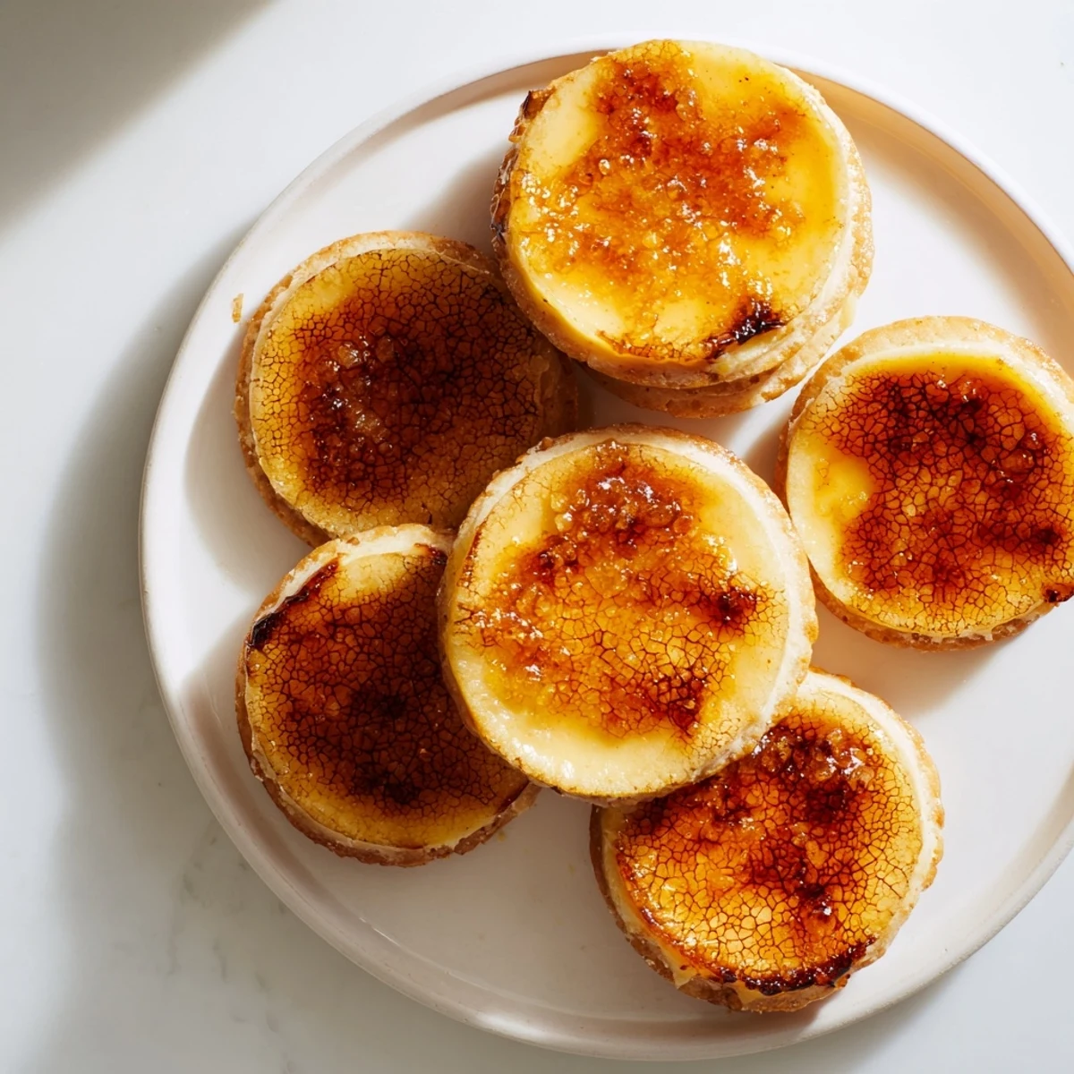 Golden crème brûlée shortbread cookies topped with caramelized sugar and creamy custard centers