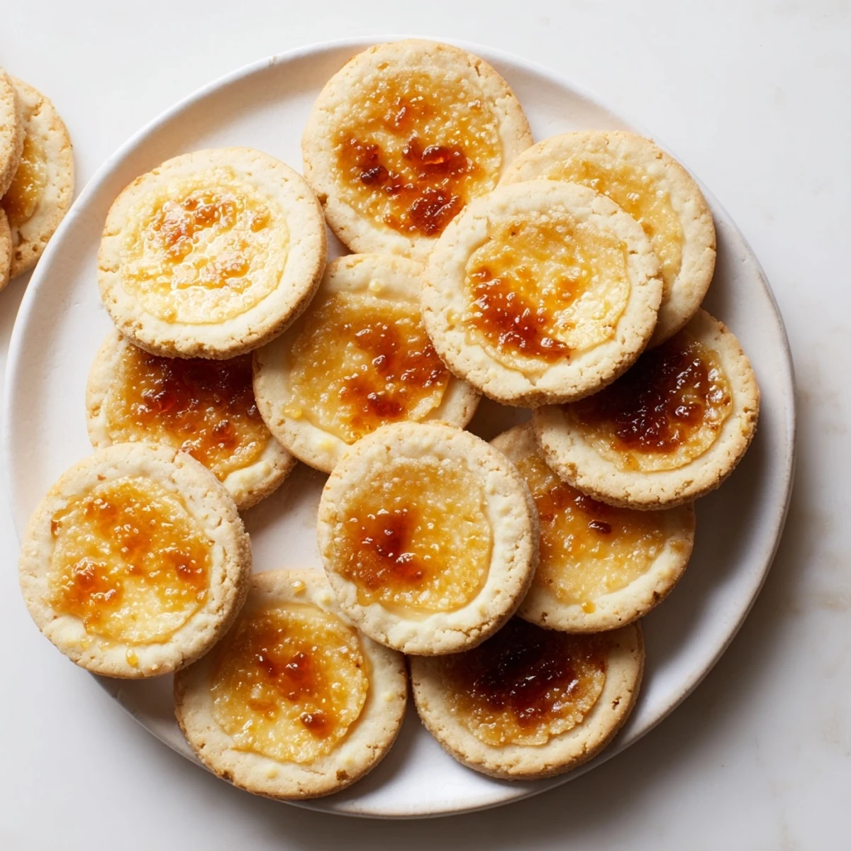 French-inspired crème brûlée shortbread cookies featuring crackled caramel tops and soft buttery layers