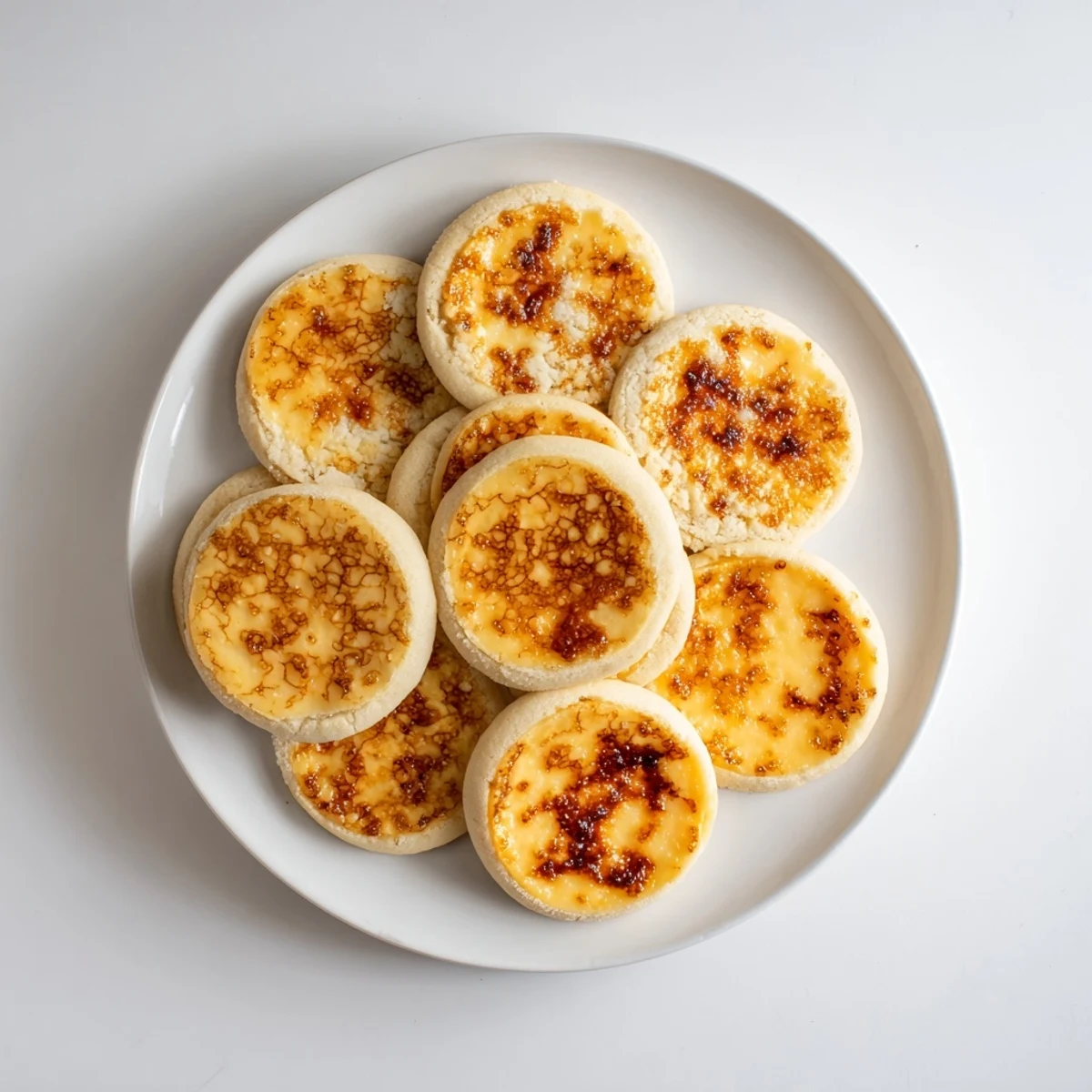 Buttery shortbread cookies with torch-kissed sugar crust and vanilla custard topping on white plate