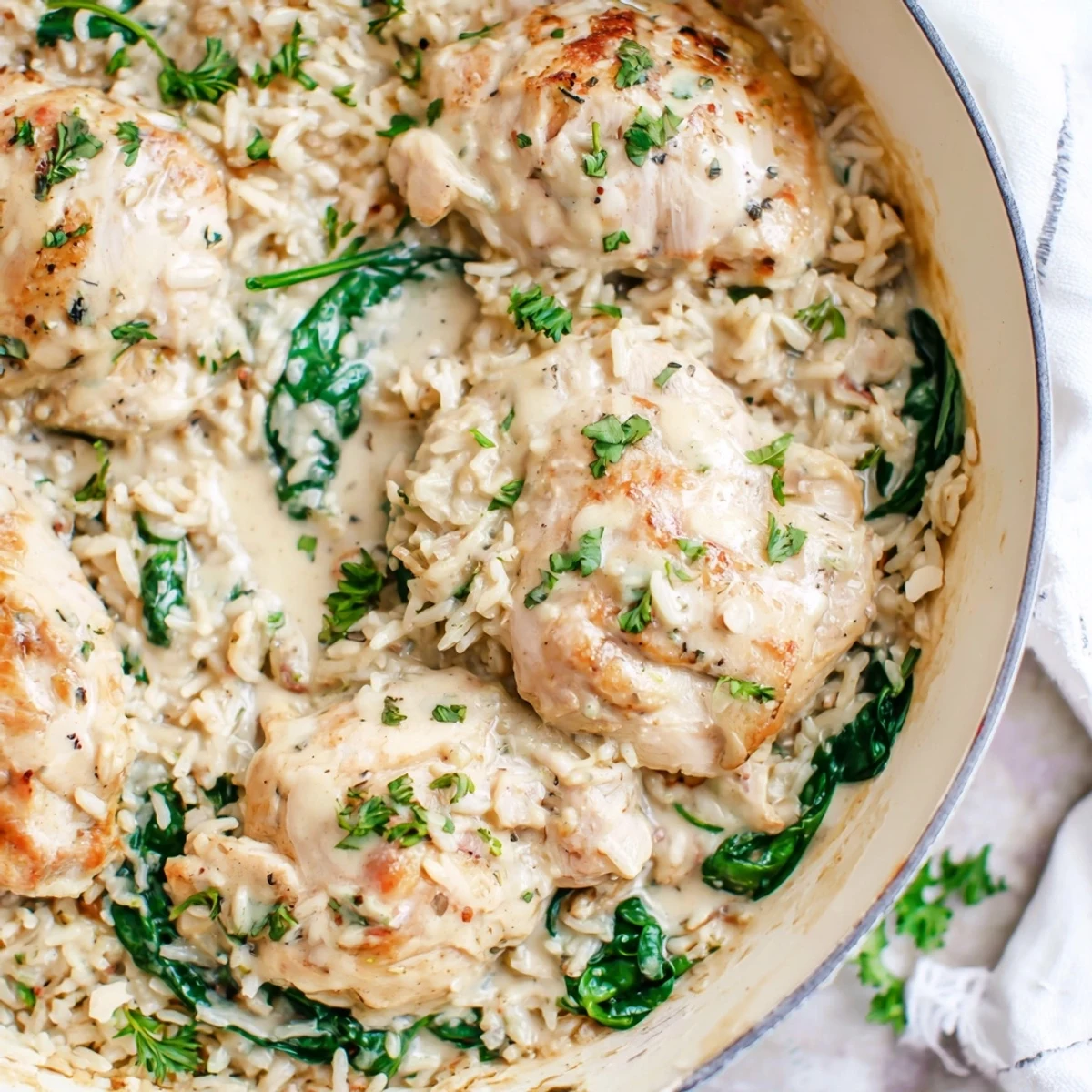 Golden one pot angel chicken rice bake with juicy chicken breasts nestled in creamy parmesan sauce