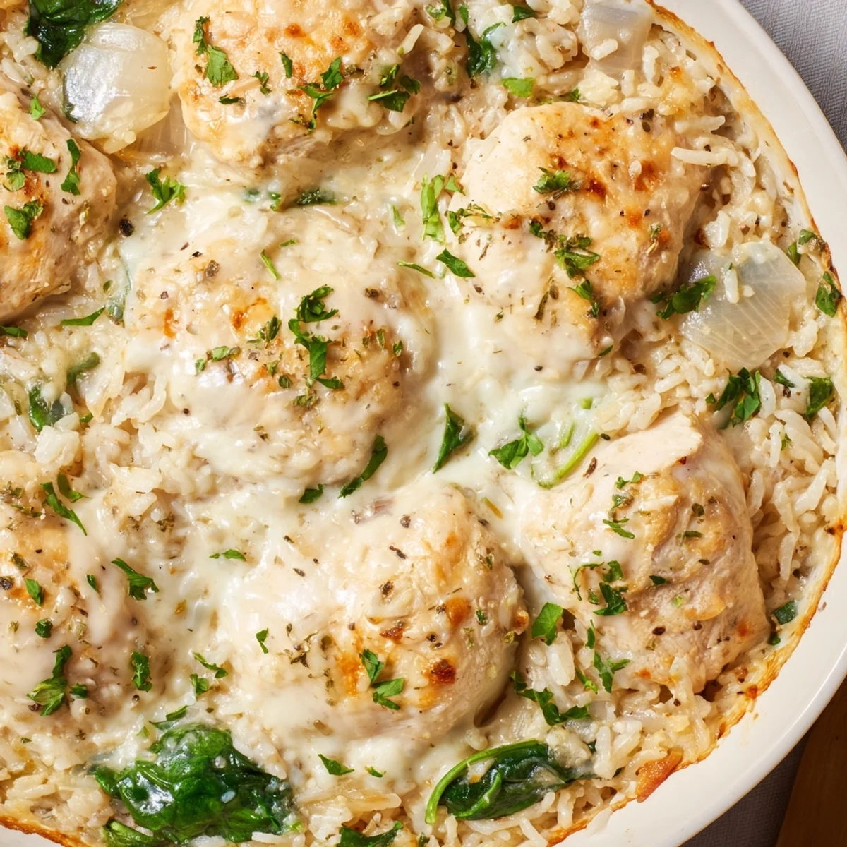 Comforting angel chicken rice dinner bubbling in a dutch oven with tender white rice and spinach