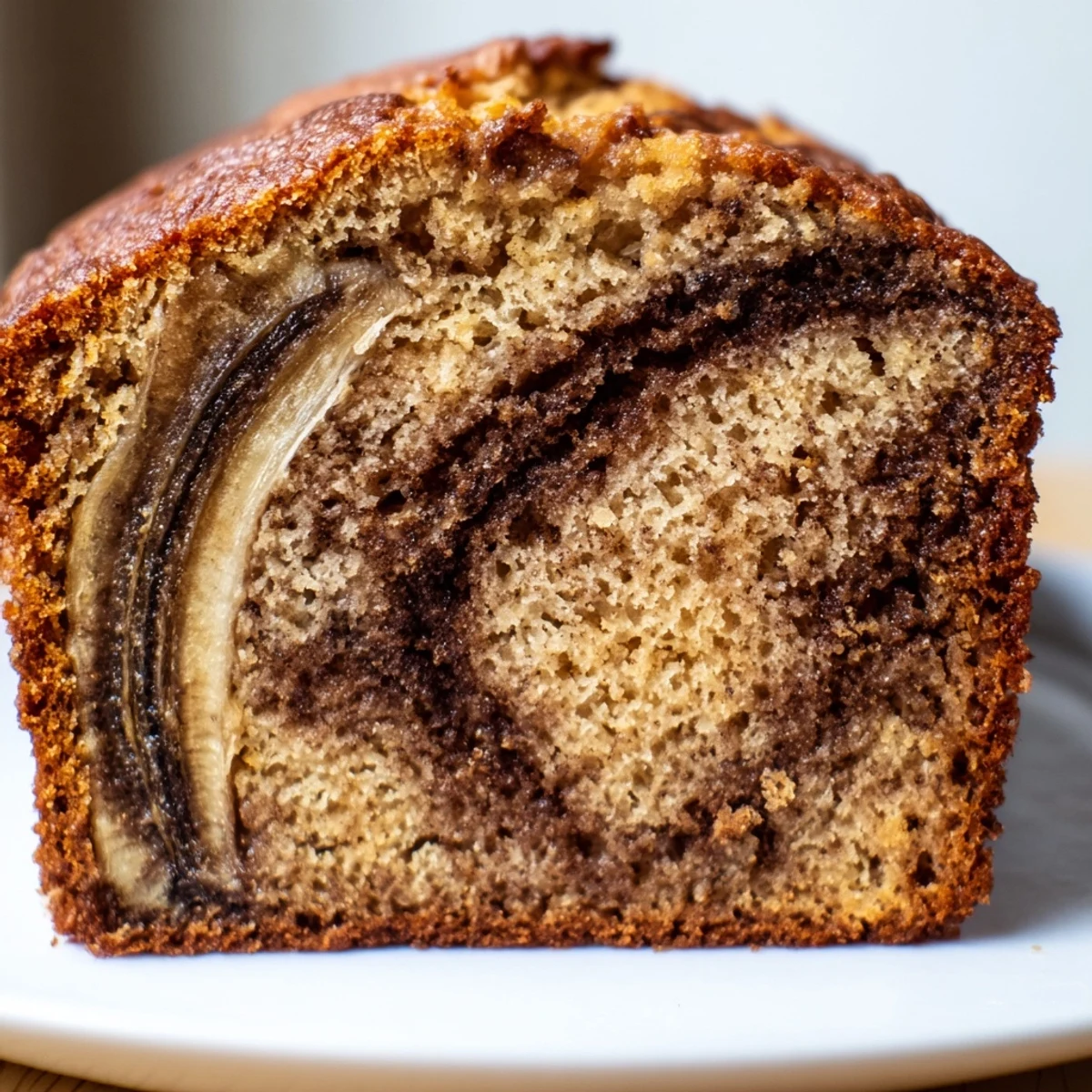 Moist cinnamon sugar swirl banana bread sliced thick, revealing golden marbled cinnamon ribbons throughout