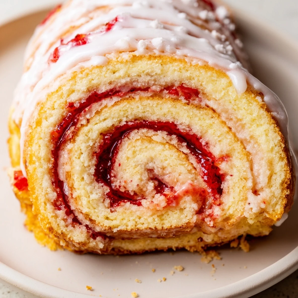 Golden Strawberry Shortcake Cheesecake Rolls drizzled with sweet vanilla glaze on a white platter