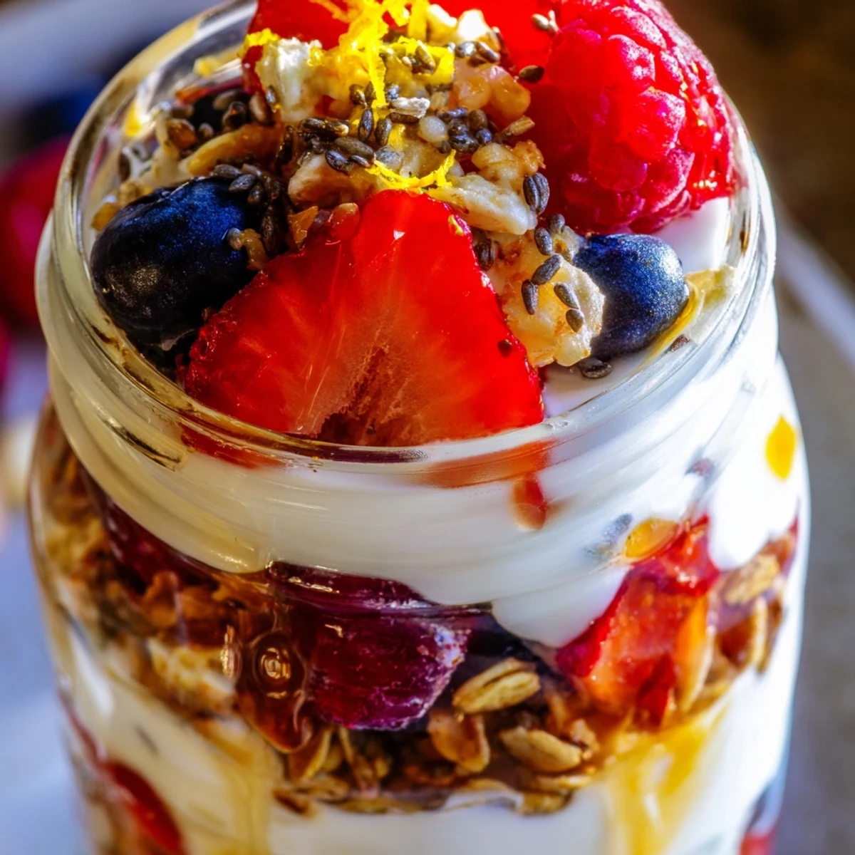 Creamy Greek yogurt parfait with vibrant berries and crunchy granola in a clear glass