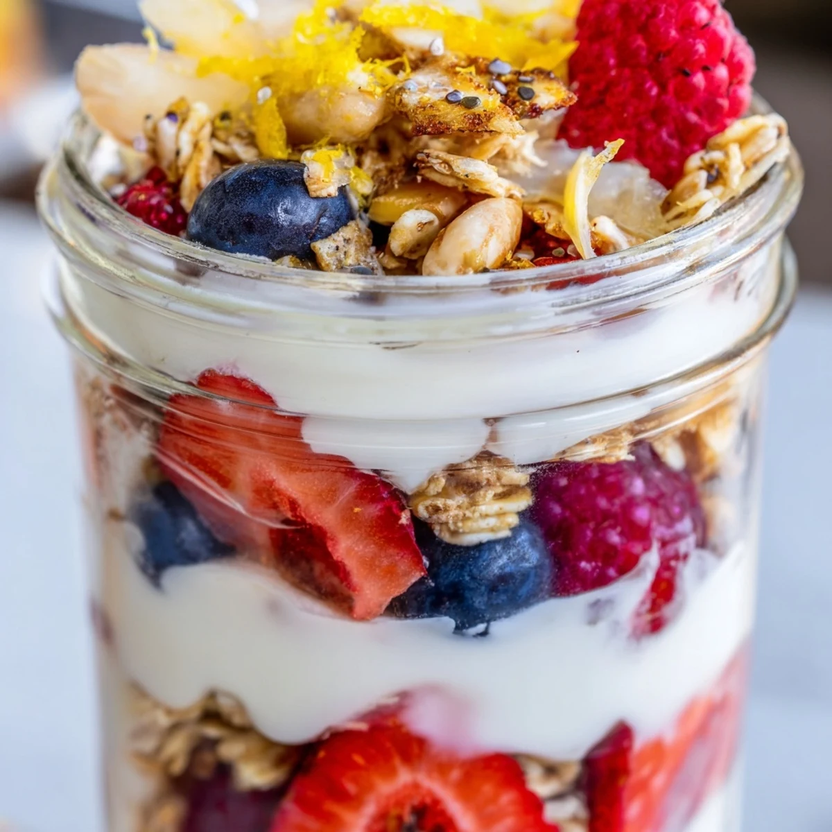 Greek yogurt parfait topped with fresh strawberries, blueberries, and honey-drizzled oats