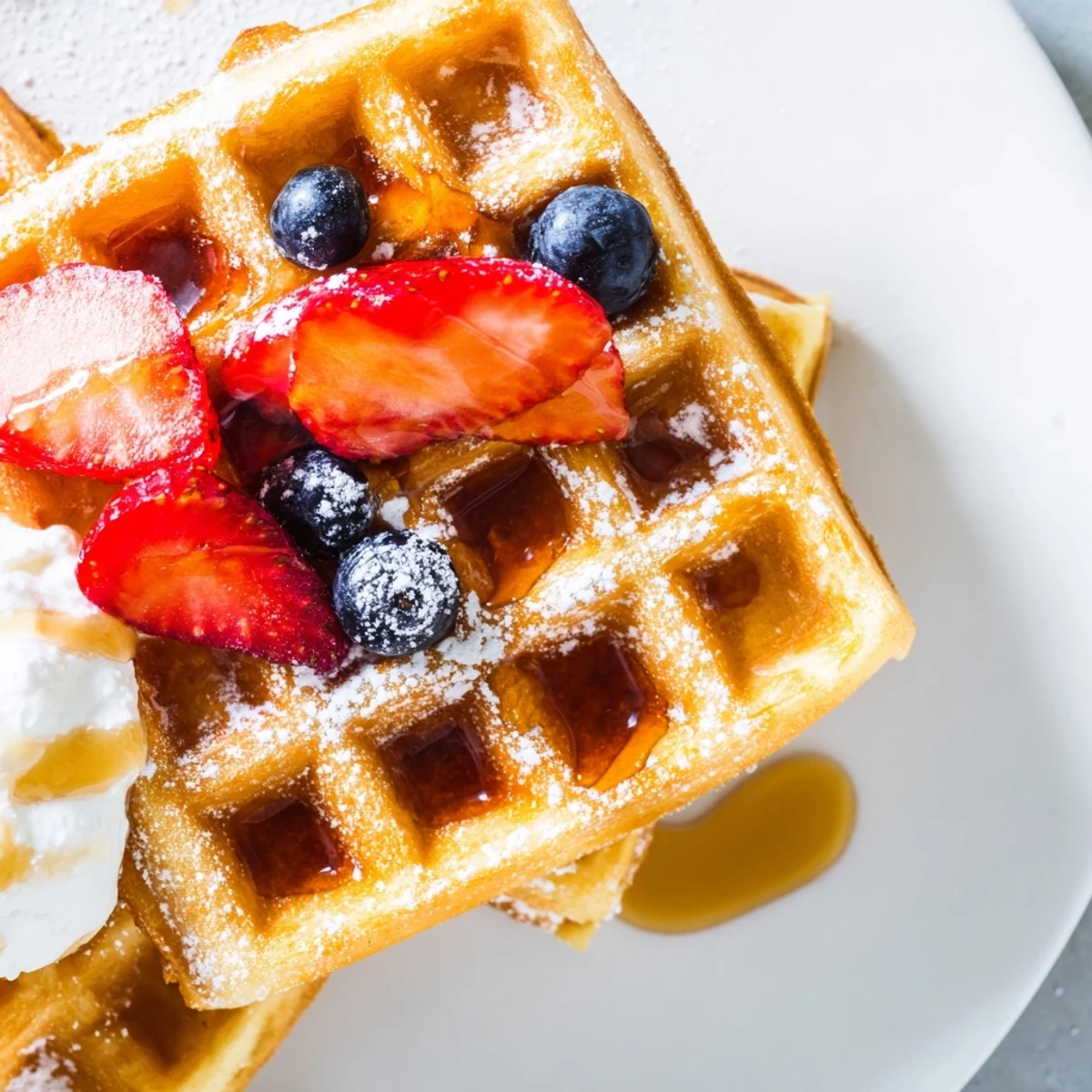 Golden brown Greek Yogurt Waffles topped with fresh berries and drizzled maple syrup