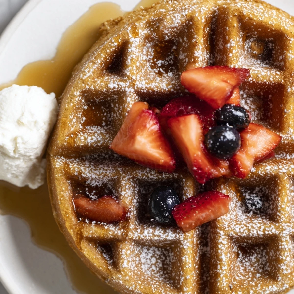 Fluffy Greek Yogurt Waffles with crisp edges stacked high on a white plate