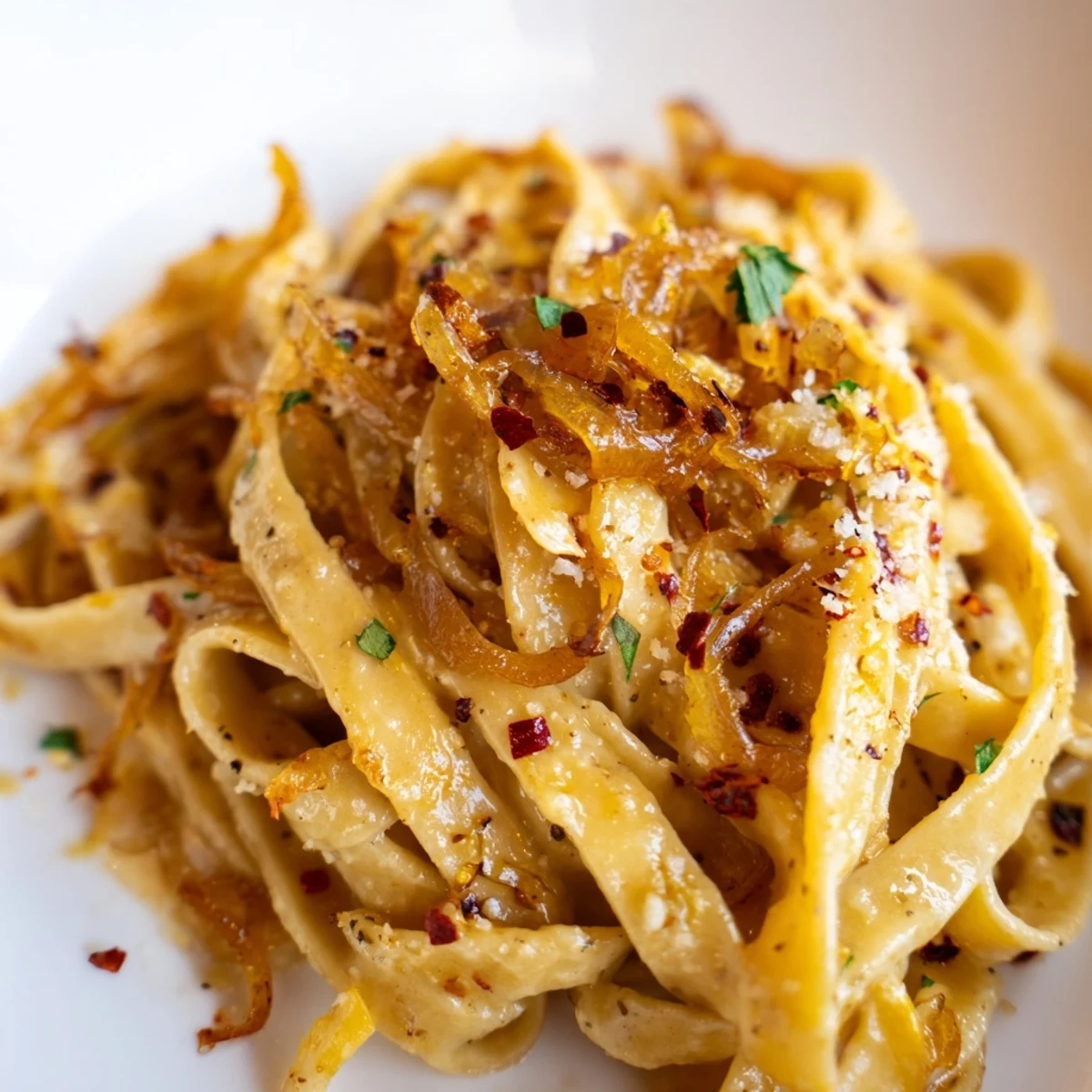 Creamy Sweet Heat Caramelized Onion Fettuccine tossed with golden onions and fresh parsley garnish