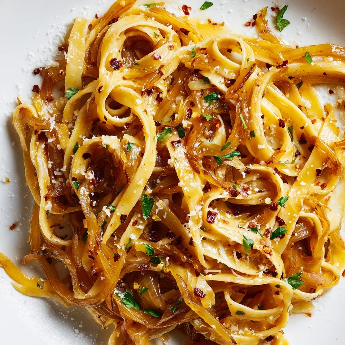 Sweet Heat Caramelized Onion Fettuccine in silky cream sauce topped with grated Parmesan cheese