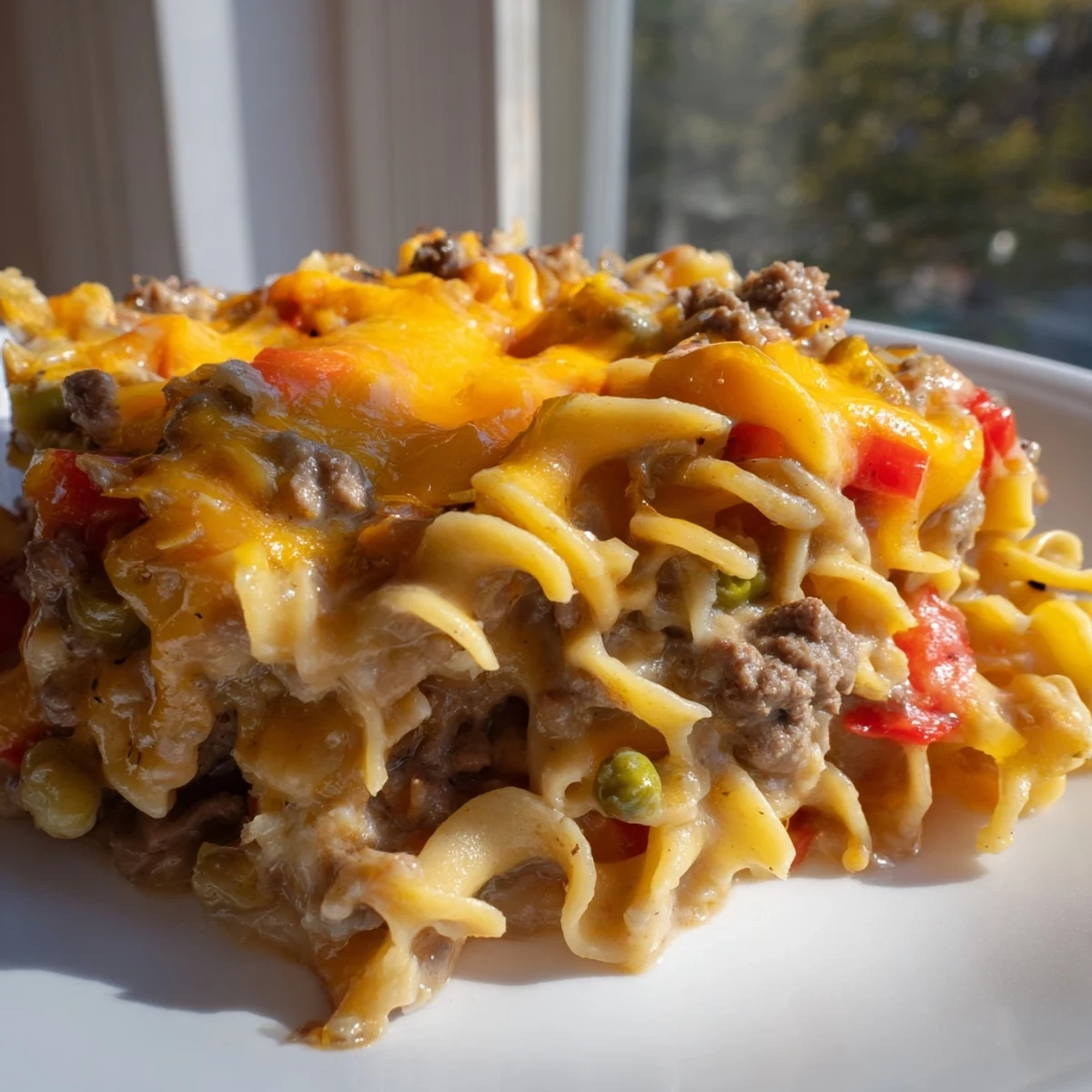 Golden bubbling cheesy beef and noodle casserole fresh from the oven with melted cheddar topping