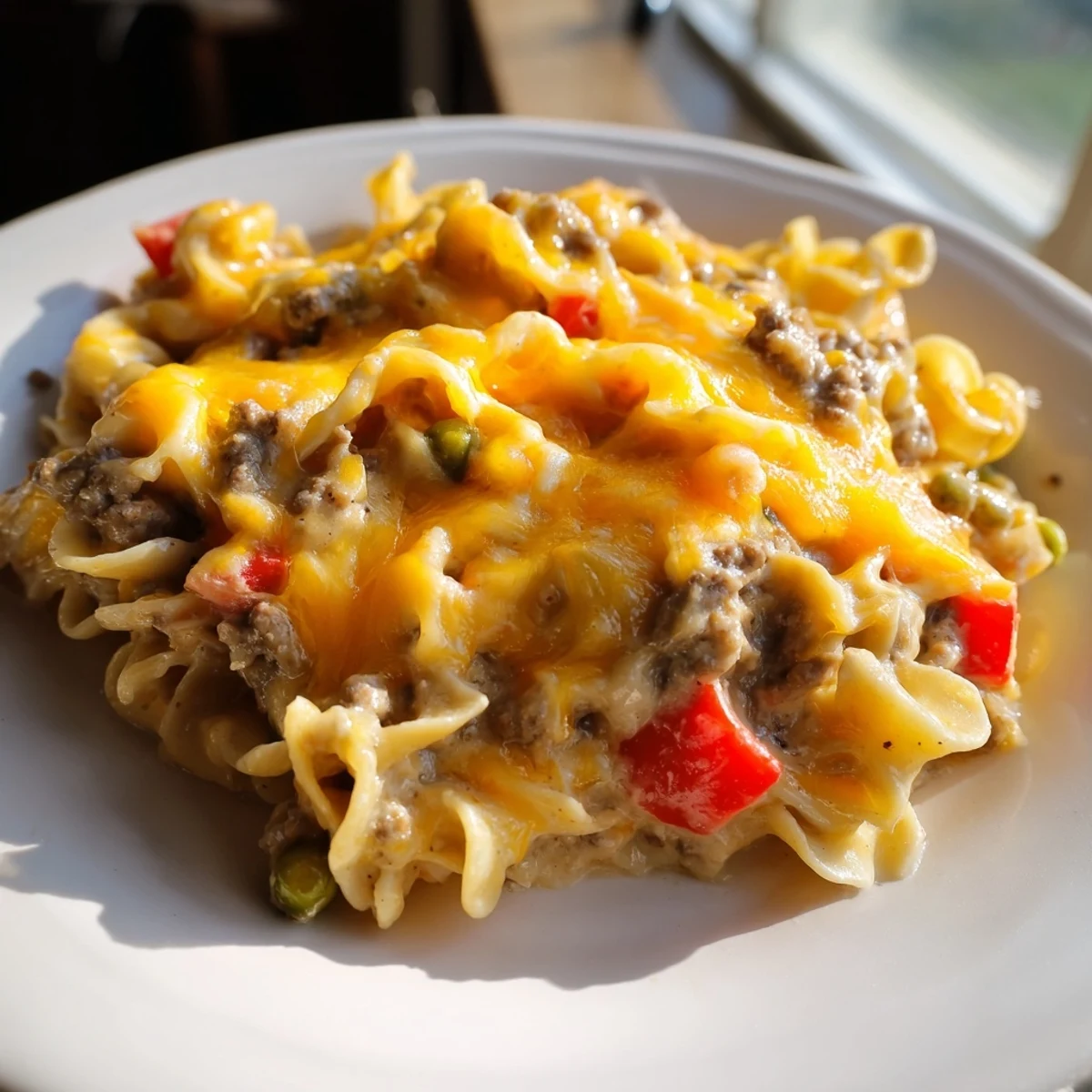 Creamy cheesy beef and noodle casserole topped with melted cheddar in a rustic baking dish