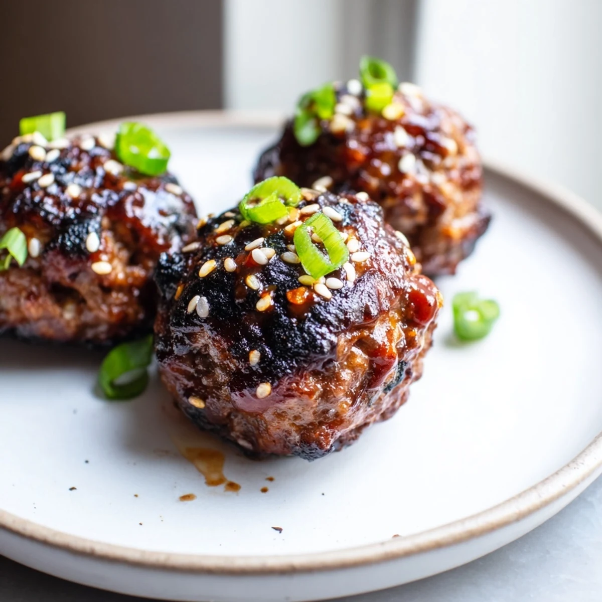 Juicy Korean BBQ meatballs arranged on a plate with creamy orange spicy mayo dipping sauce