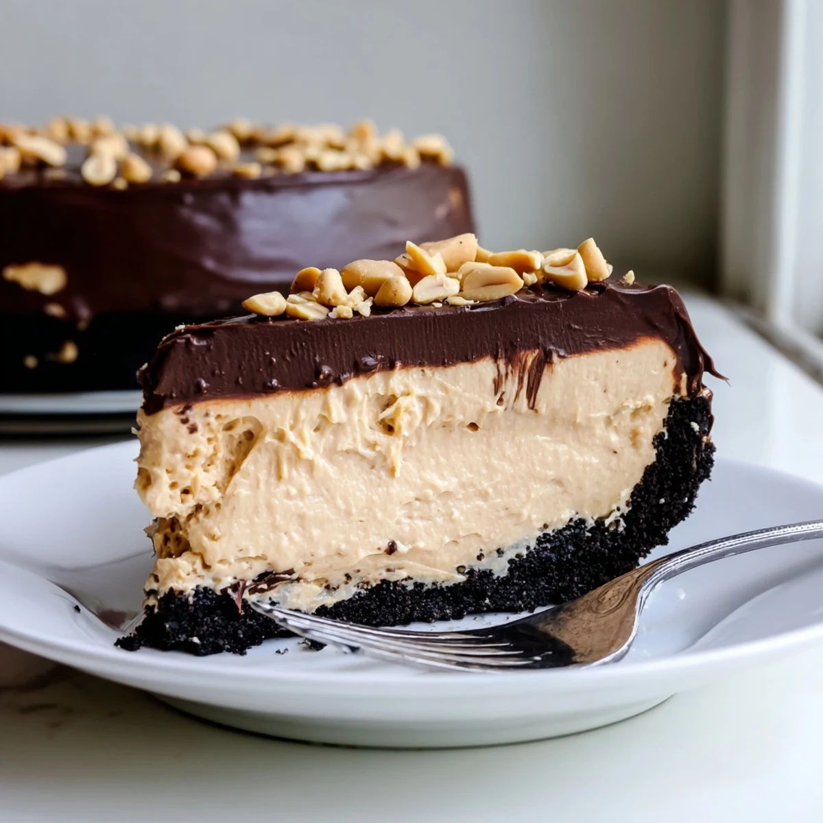 Creamy no bake peanut butter pie sliced in a chocolate cookie crust with peanut garnish
